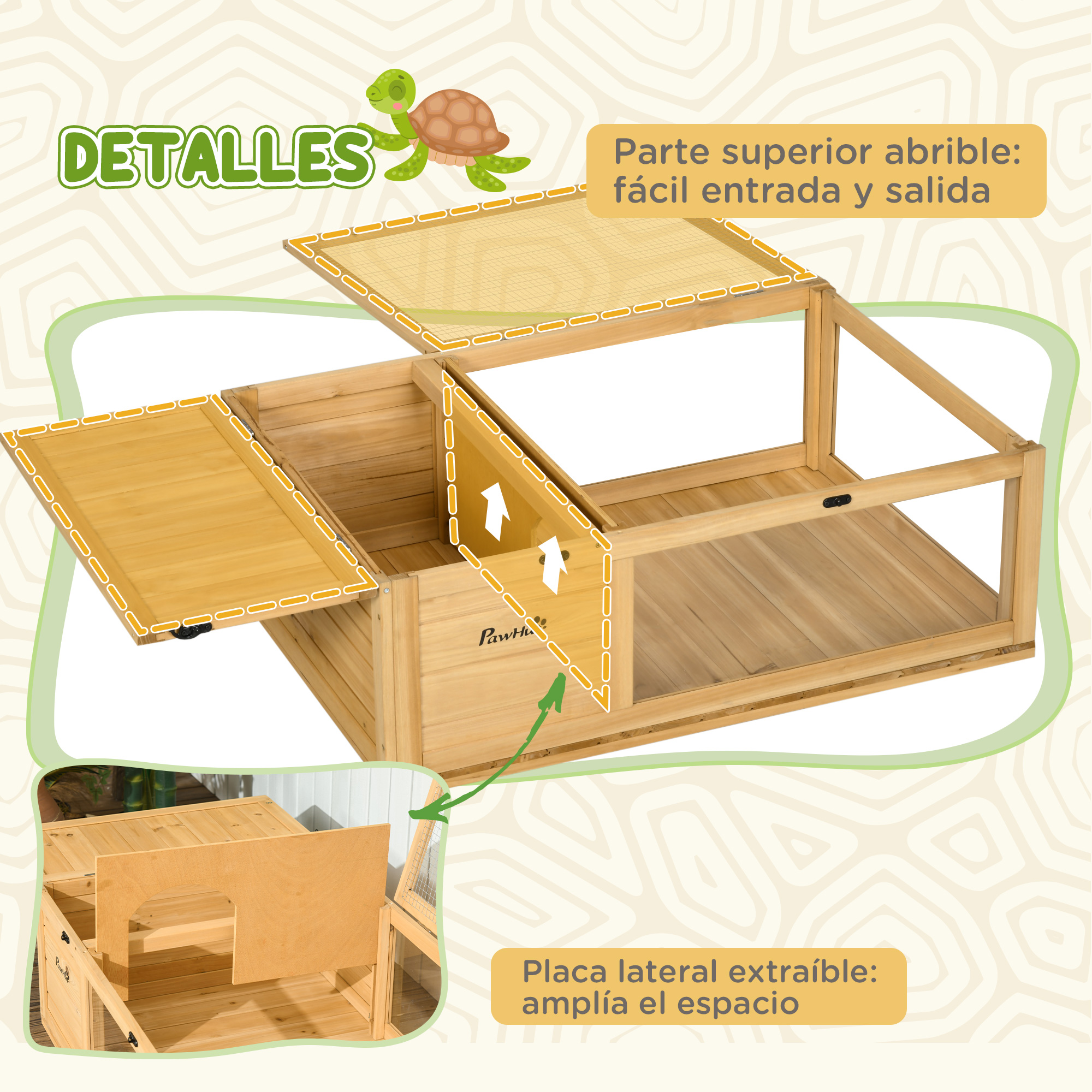 Casa de mascotas de madera con tapa y panel lateral que se abren. Incluye una ilustración de tortuga y etiquetas de texto en español.