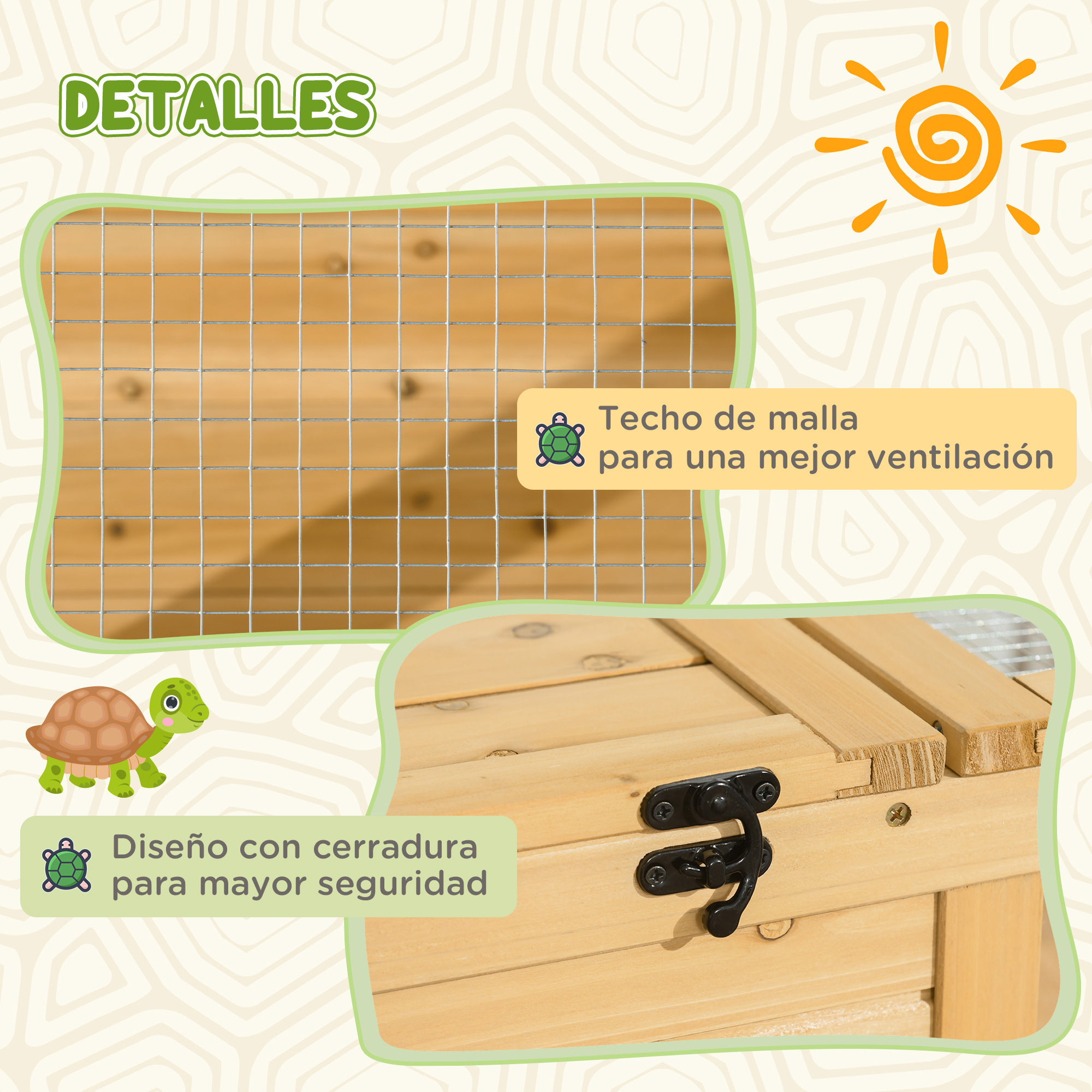 Caja de madera con parte superior de malla metálica y pestillo. Detalles: tortuga de dibujos animados y sol.