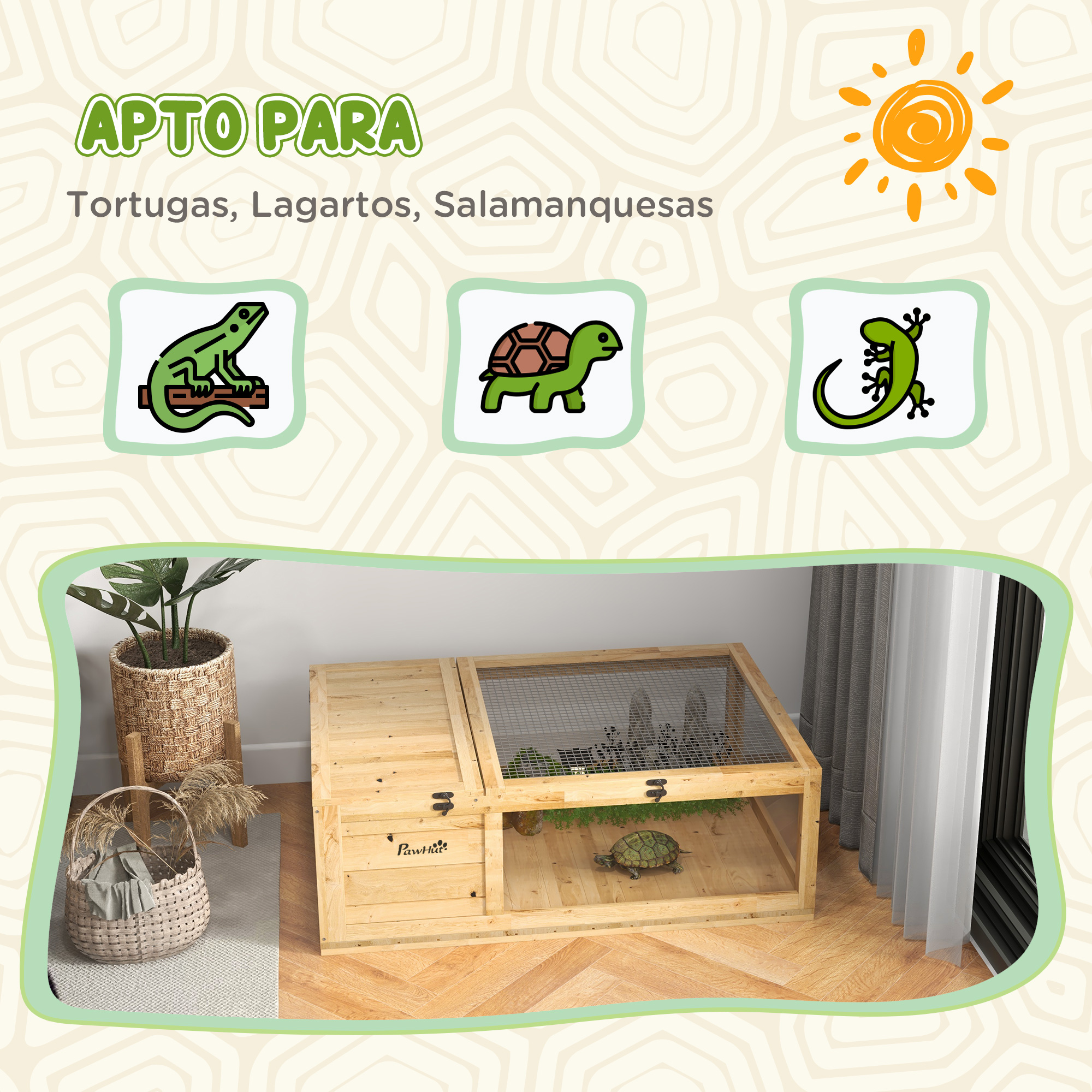 Recinto de reptiles de madera con una tortuga dentro. Incluye elementos decorativos y texto en español. Ilustración del sol.
