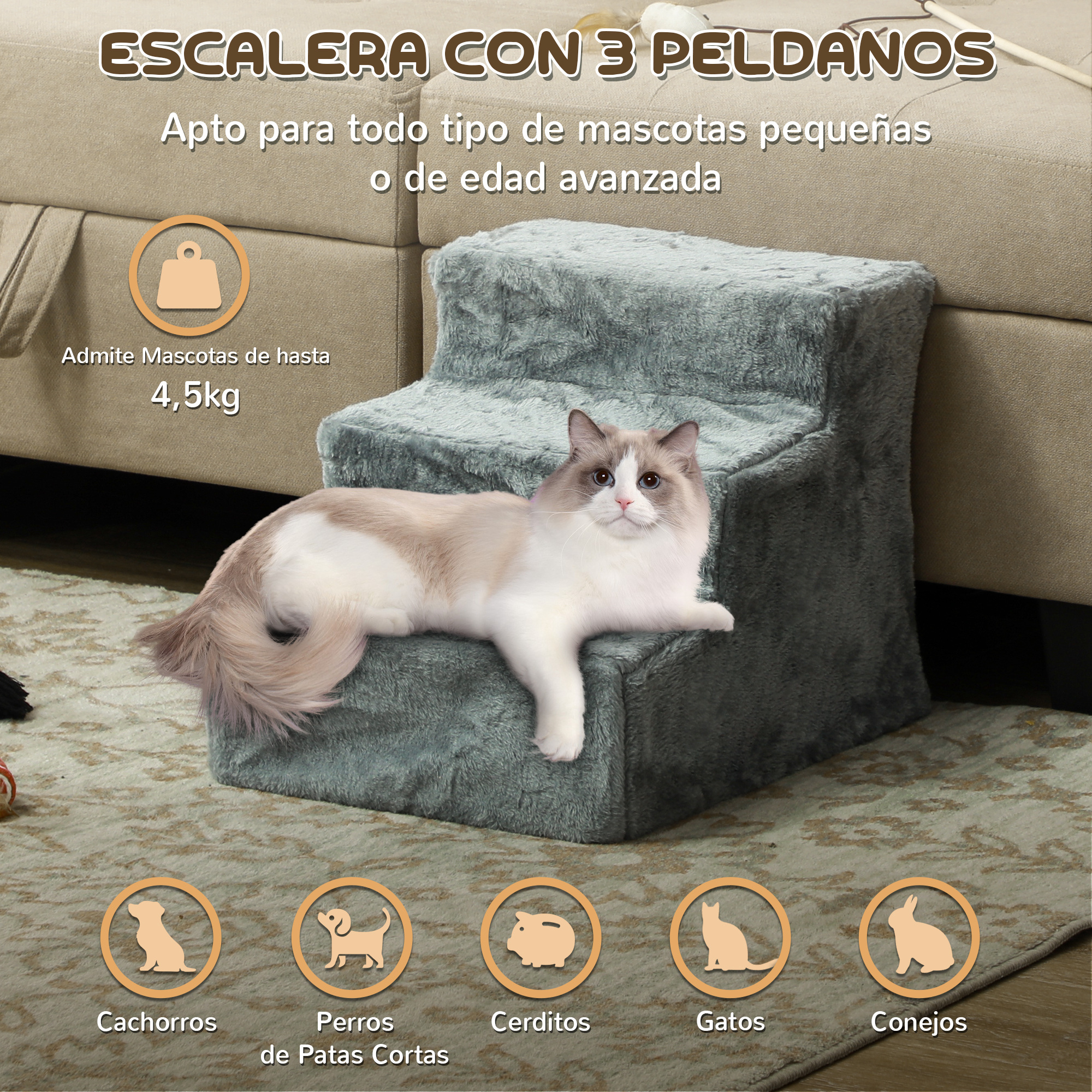 Un gato en una escalera para mascotas de 3 escalones. Texto: 'Adecuado para mascotas pequeñas o mayores.' Peso máximo 4,5 kg.