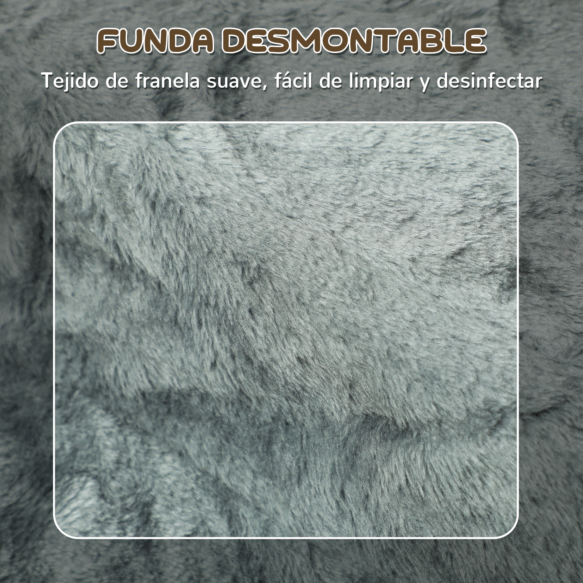 Primer plano de una tela gris suave. El texto en la parte superior dice 'FUNDA DESMONTABLE'. Es fácil de limpiar y desinfectar.
