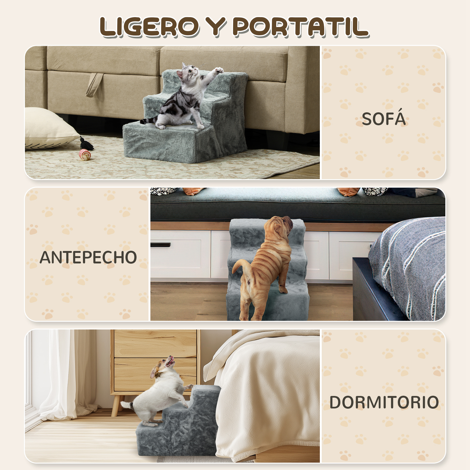 Tres imágenes muestran mascotas usando escaleras para mascotas en diferentes entornos: un sofá, un cofre y un dormitorio.