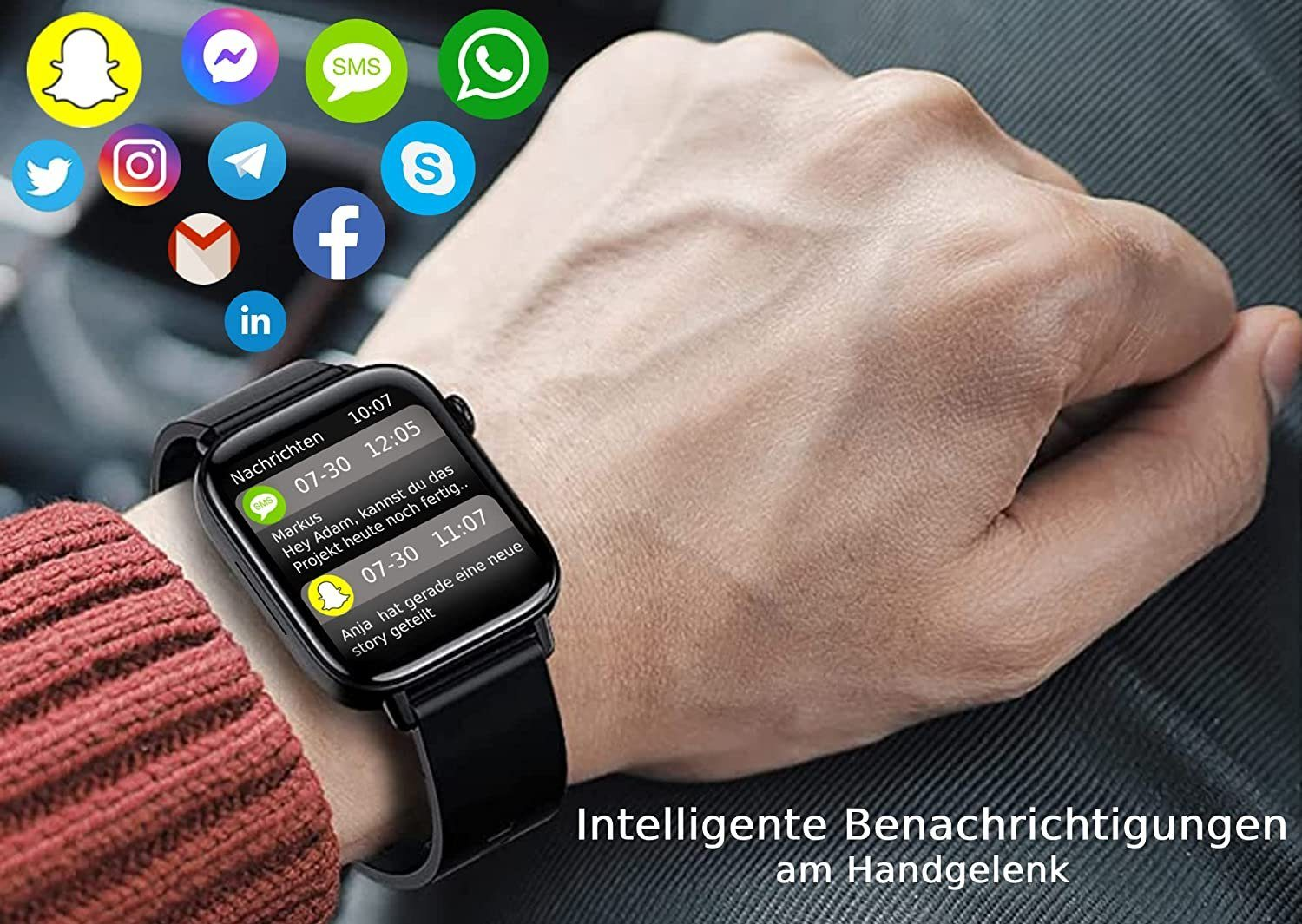 Polso con smartwatch nero che mostra messaggi. Icone di app colorate circondano l'orologio.