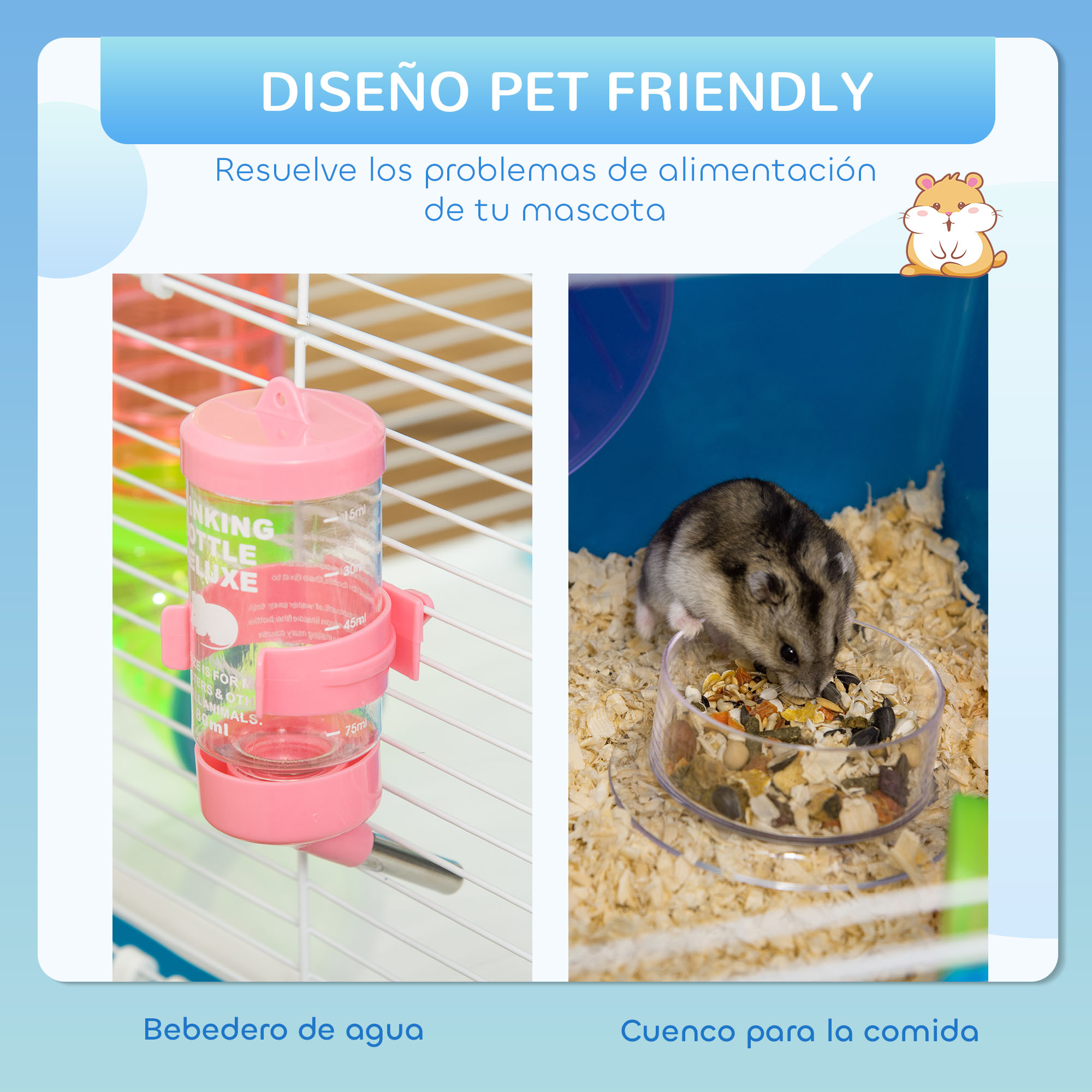 Un hámster come de un cuenco. Se muestra una botella de agua rosa. El texto dice 'Pet Friendly' y 'Botella de agua'.