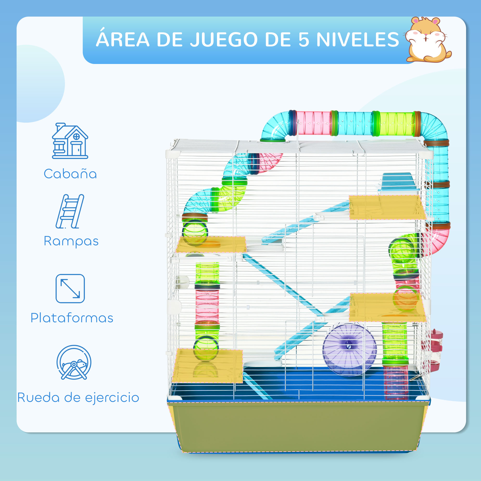 Una jaula de hámster con túneles y plataformas. Tiene una base azul y una ilustración de hámster.