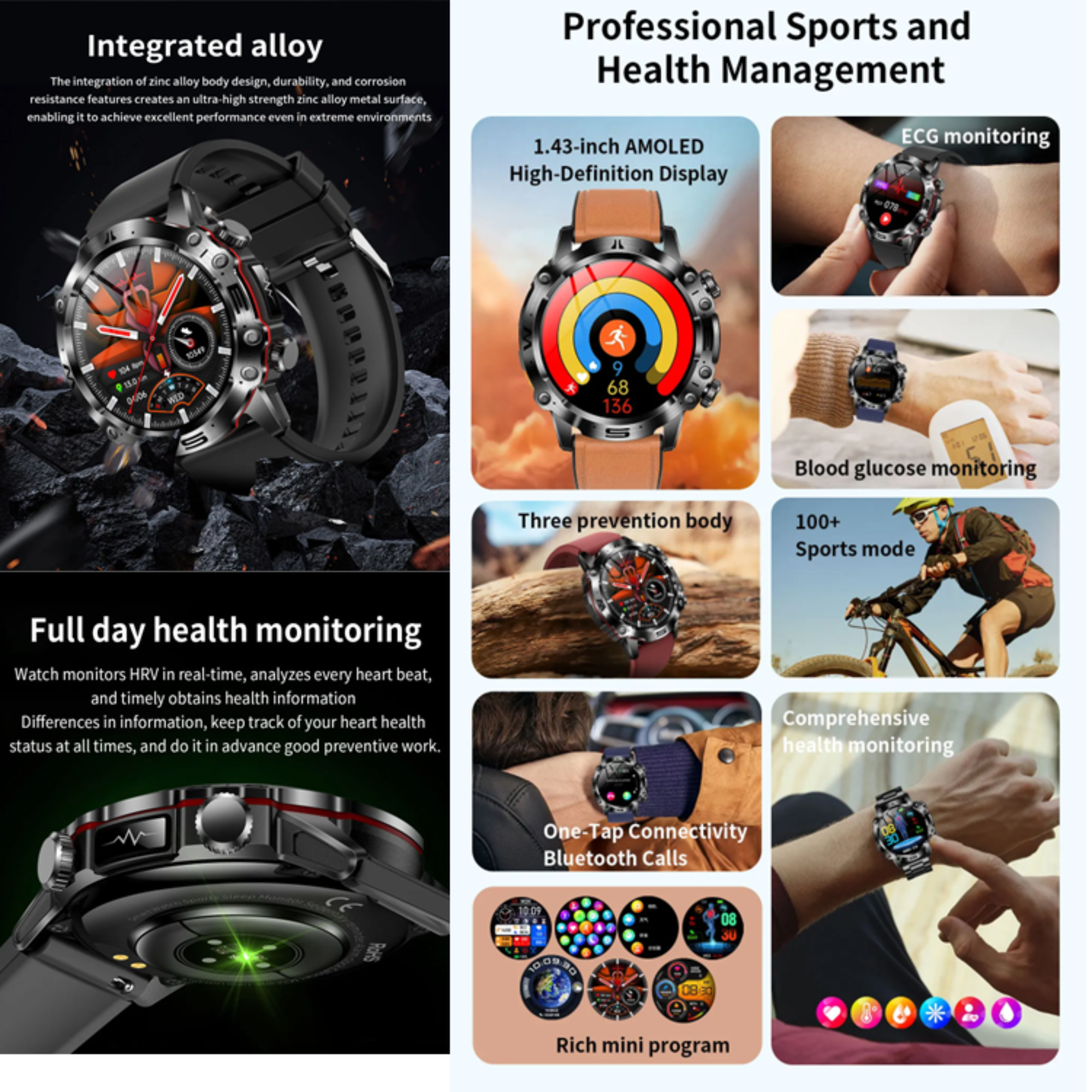 Uno smartwatch mostra funzioni sanitarie: ECG, monitoraggio della glicemia, modalità sportive e altro. Ha un display ad alta definizione.