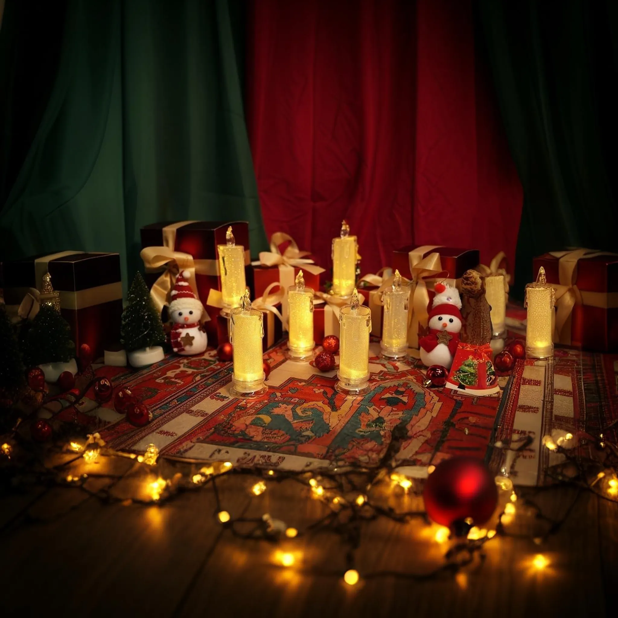 Eine Weihnachtsszene mit Kerzen, Geschenken und Ornamenten. Der Hintergrund zeigt rote und grüne Vorhänge.