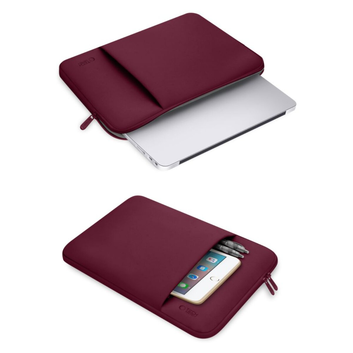 Twee bordeauxrode hoesjes, één met een laptop, de andere met een telefoon en pennen, beide op een witte achtergrond.