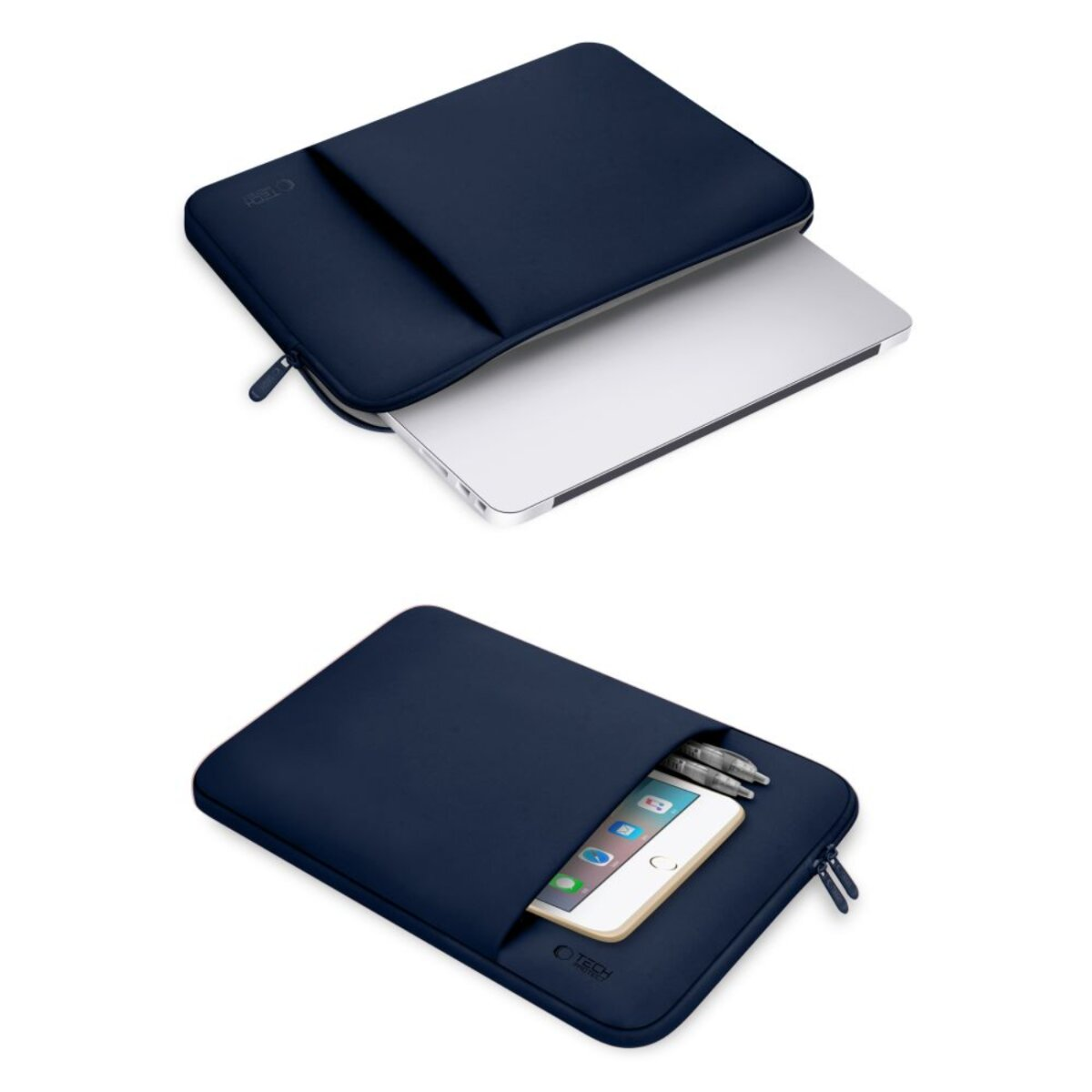 Twee marineblauwe laptoptassen. Eén open met een laptop erin, de andere met een telefoon en pennen.