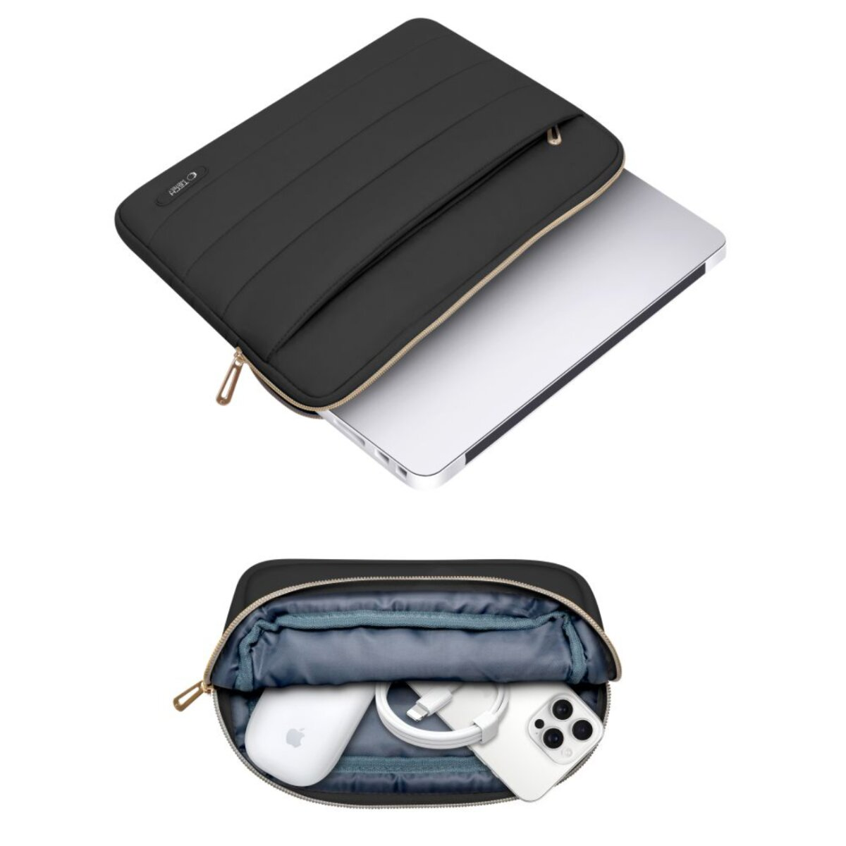 Zwarte laptoptas met laptop erin. Daaronder toont een gedeeltelijk open tas muis, oplader en telefoon.