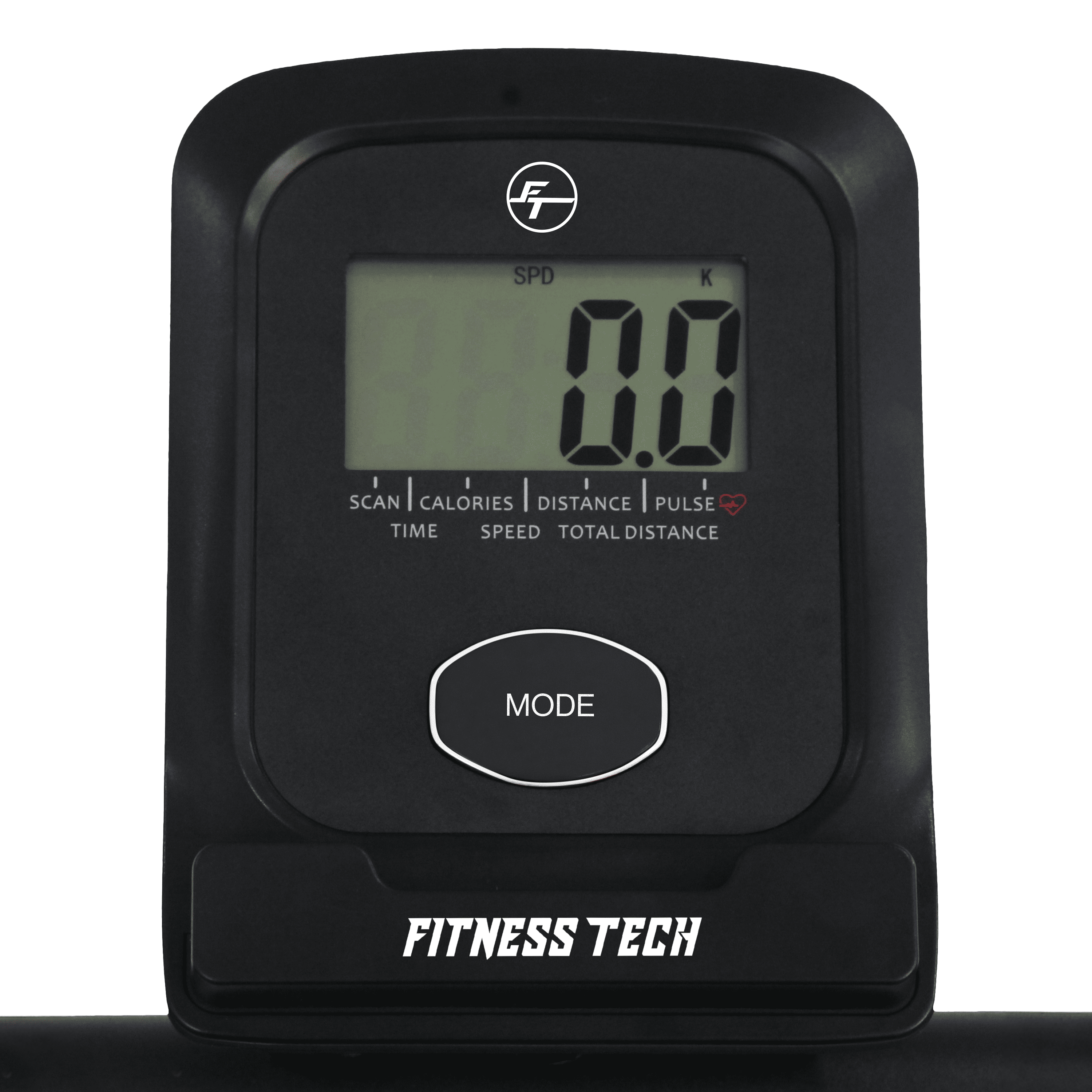 Pantalla negra de equipo de fitness que muestra 0,0, con texto de modo y tecnología de fitness. La pantalla también muestra escaneo, calorías, distancia y pulso.