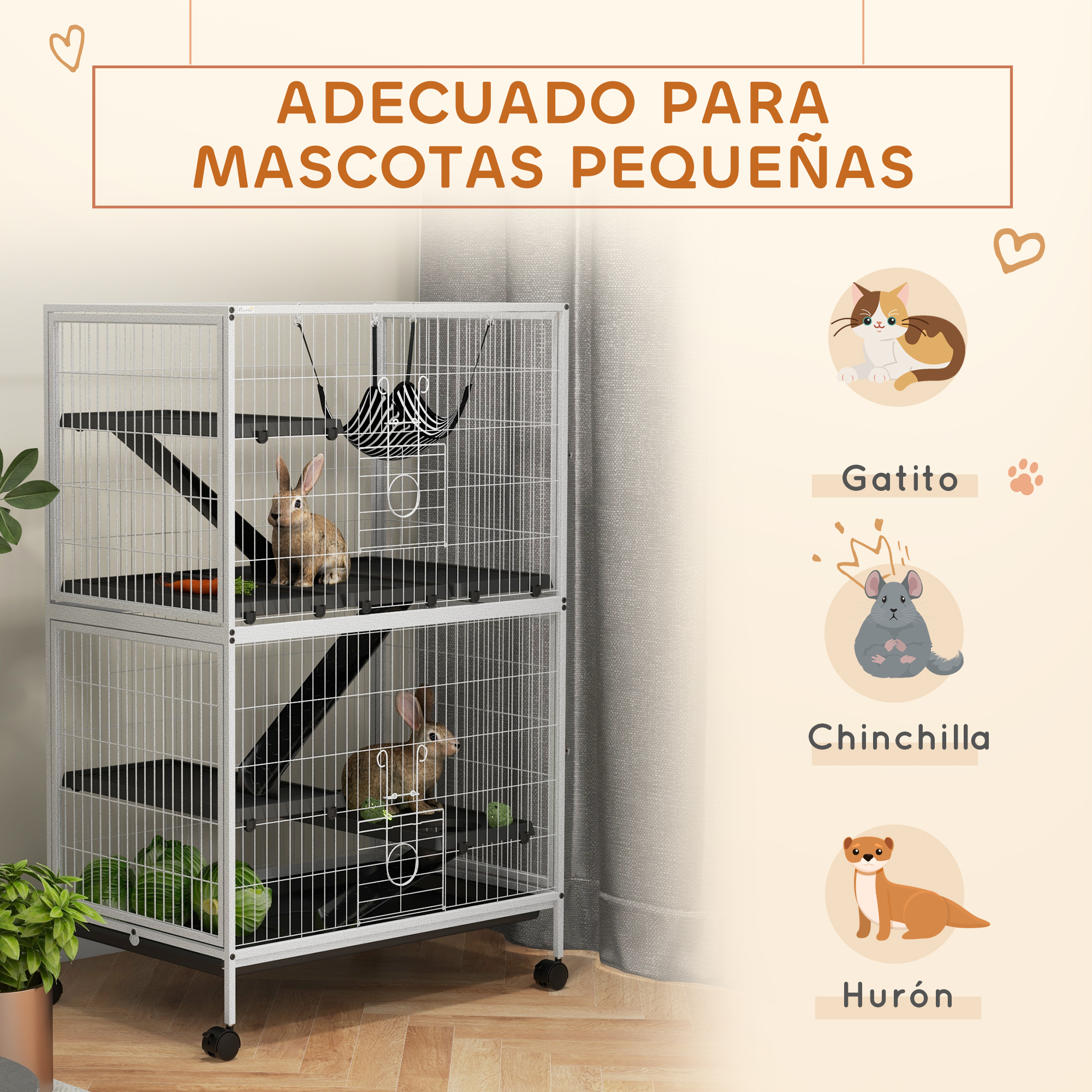 Jaula blanca con conejos, imágenes de gato, chinchilla y hurón. Texto: Apto para mascotas pequeñas.