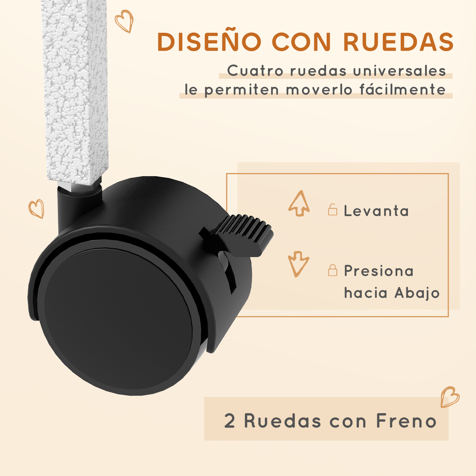 La imagen muestra una rueda giratoria negra con una columna blanca texturizada. El texto indica que el diseño incluye cuatro ruedas universales.