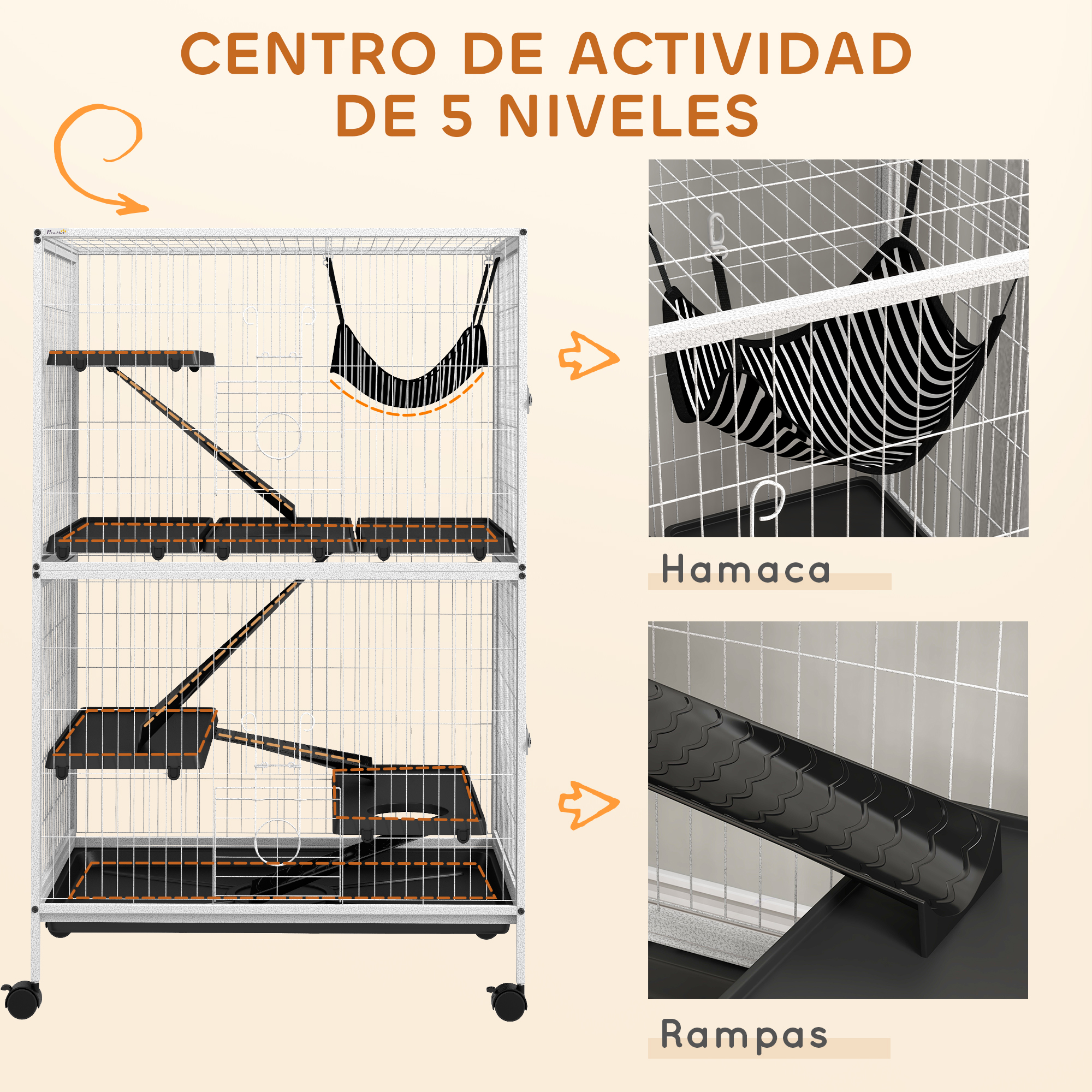 Una jaula para gatos de varios niveles con rampas, plataformas y una hamaca. Tiene una estructura de alambre y accesorios negros.
