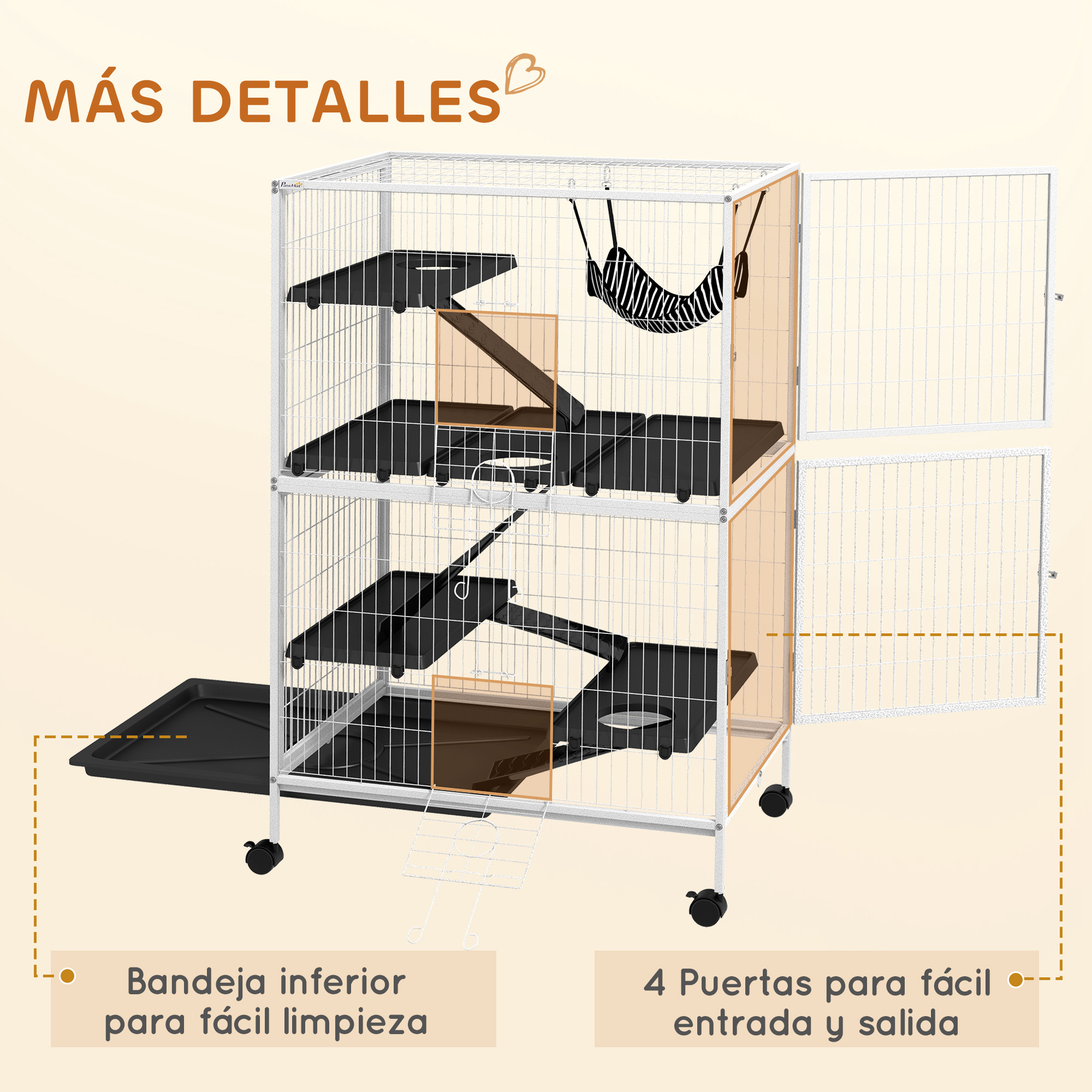 Una jaula blanca y marrón para hurones con múltiples plataformas, una hamaca y cuatro puertas. Tiene una bandeja extraíble y ruedas.