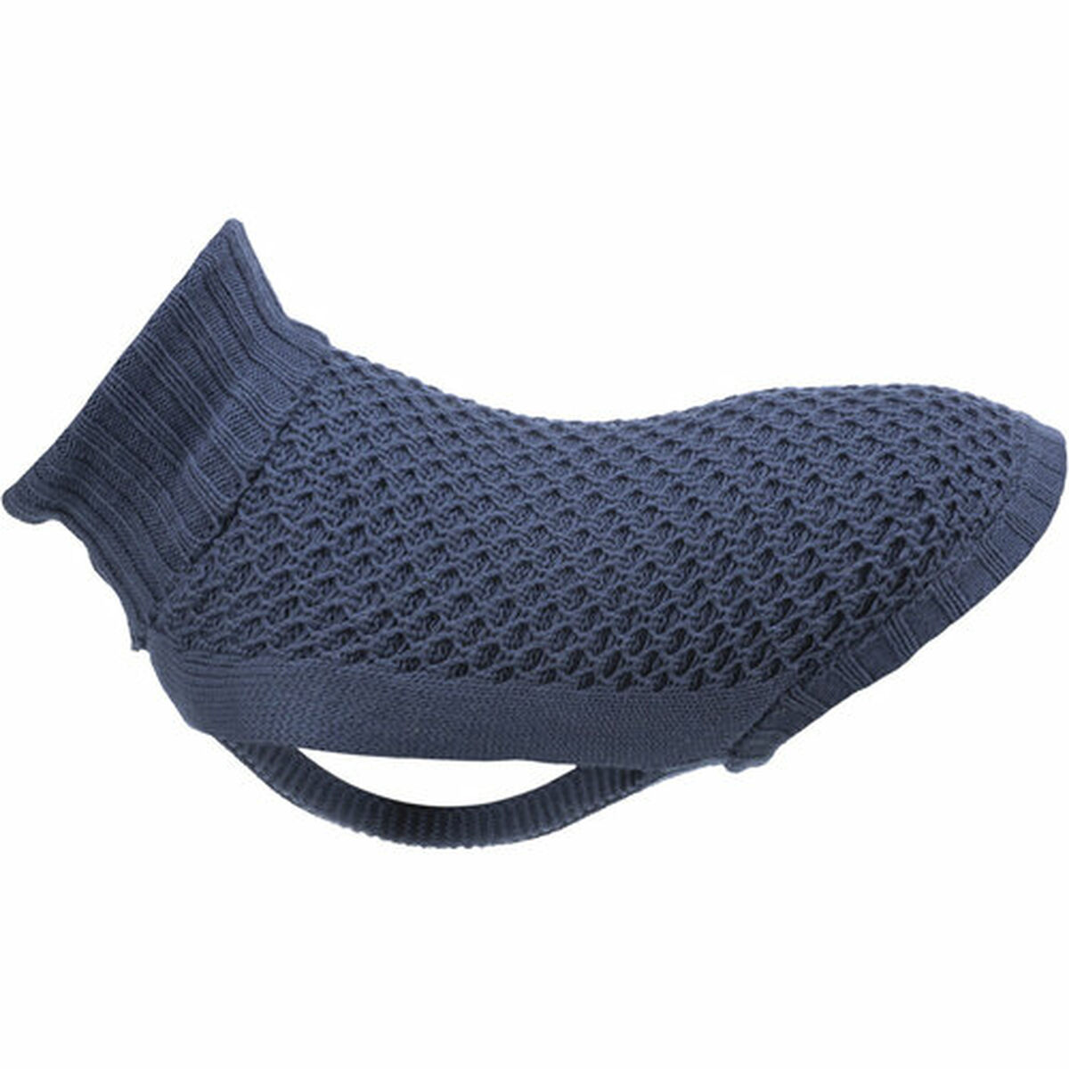 Un suéter azul marino para perros con un patrón de punto y cuello. Tiene una correa para las piernas en la parte inferior.
