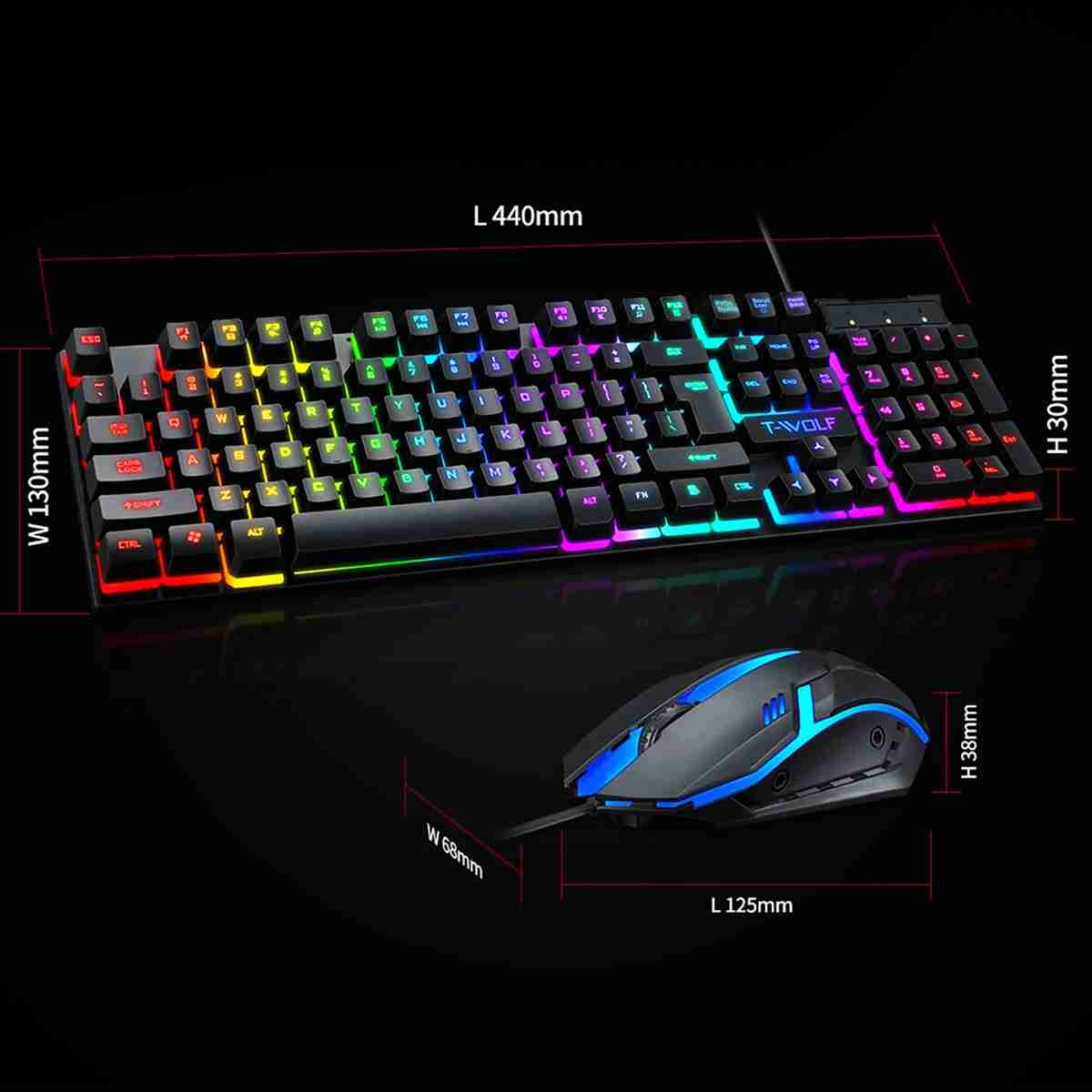 Un conjunto de teclado y ratón para juegos. El teclado tiene luces RGB. El ratón es negro y azul. Se muestran las dimensiones.