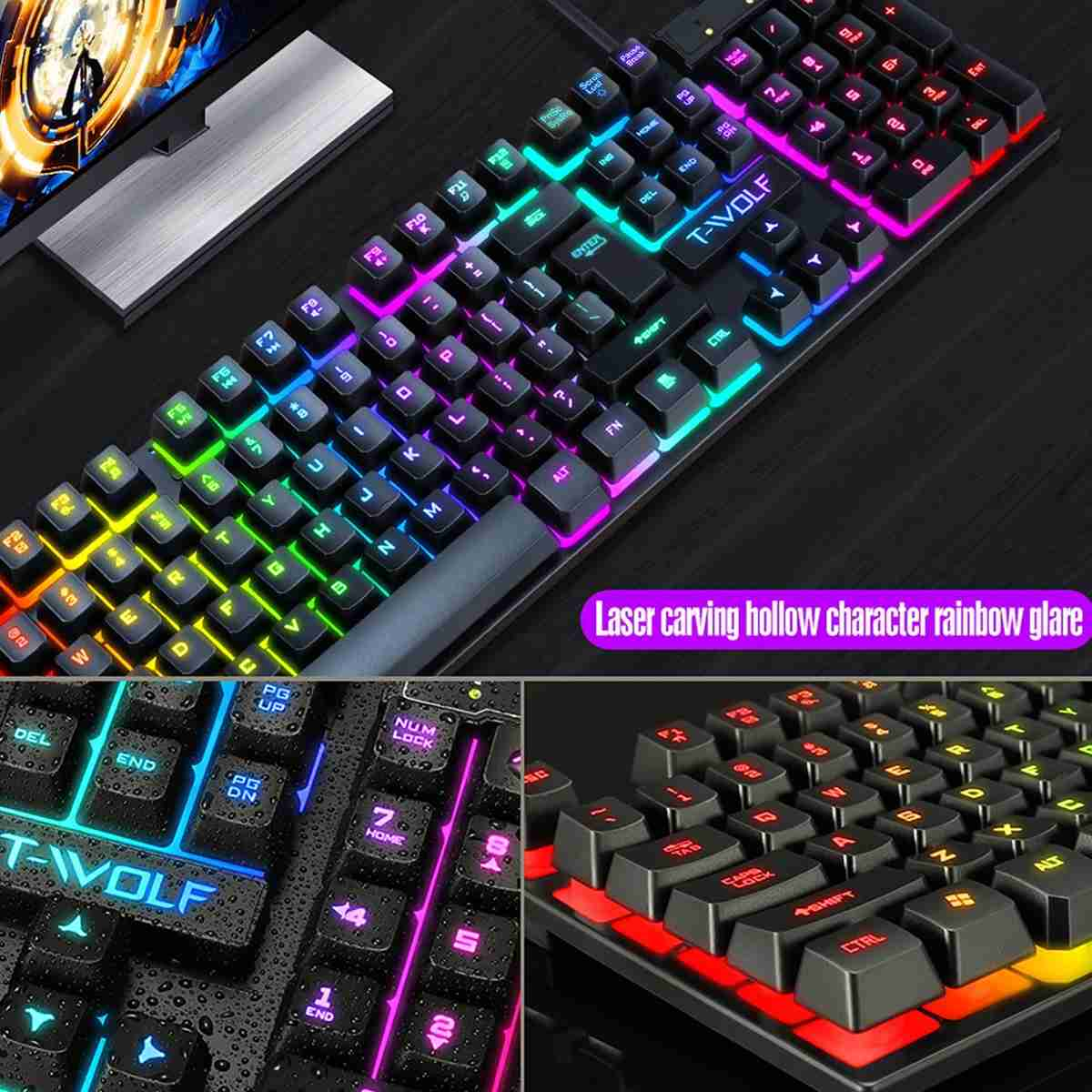 Primer plano de un teclado iluminado con arcoíris y teclas negras. La marca es T-WOLF. El teclado está sobre una superficie oscura.