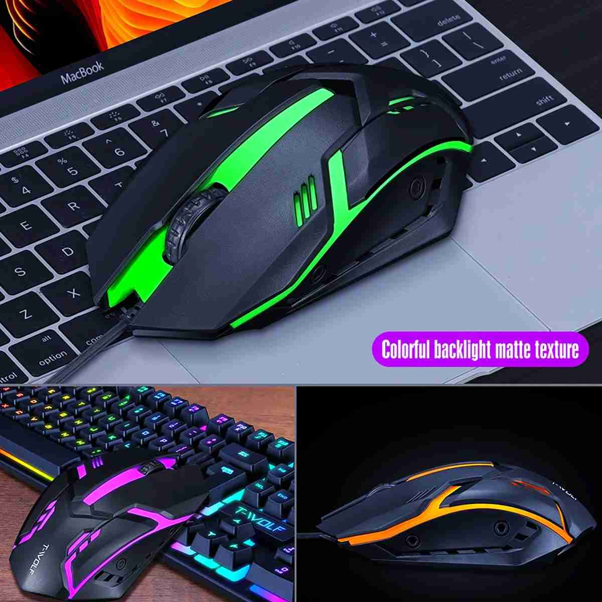Un ratón gaming negro con detalles verdes sobre un teclado MacBook, junto con otros dos ejemplos de ratones con luces coloridas.