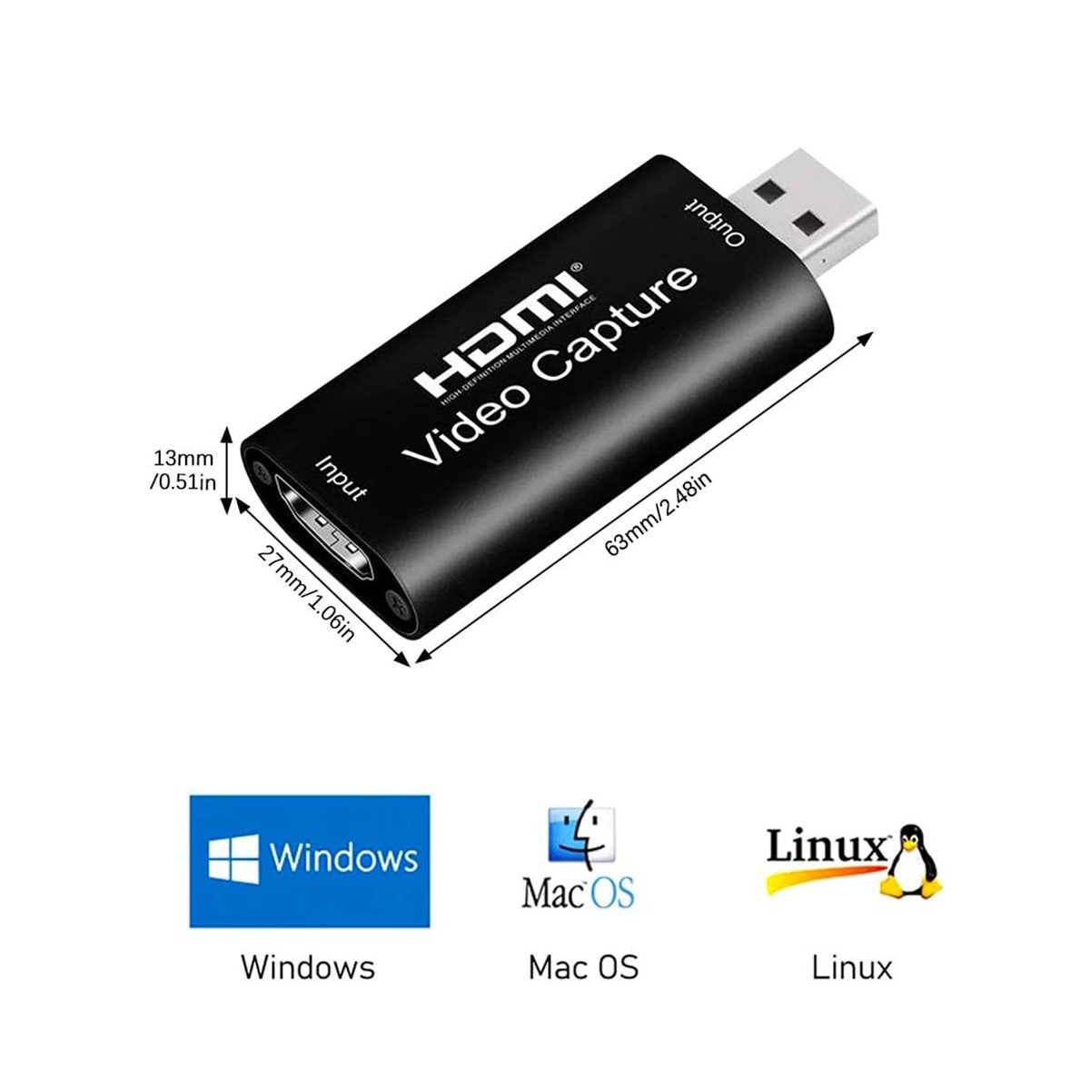 Dispositivo de captura de video HDMI negro con dimensiones. Incluye logotipos de Windows, Mac OS y Linux.