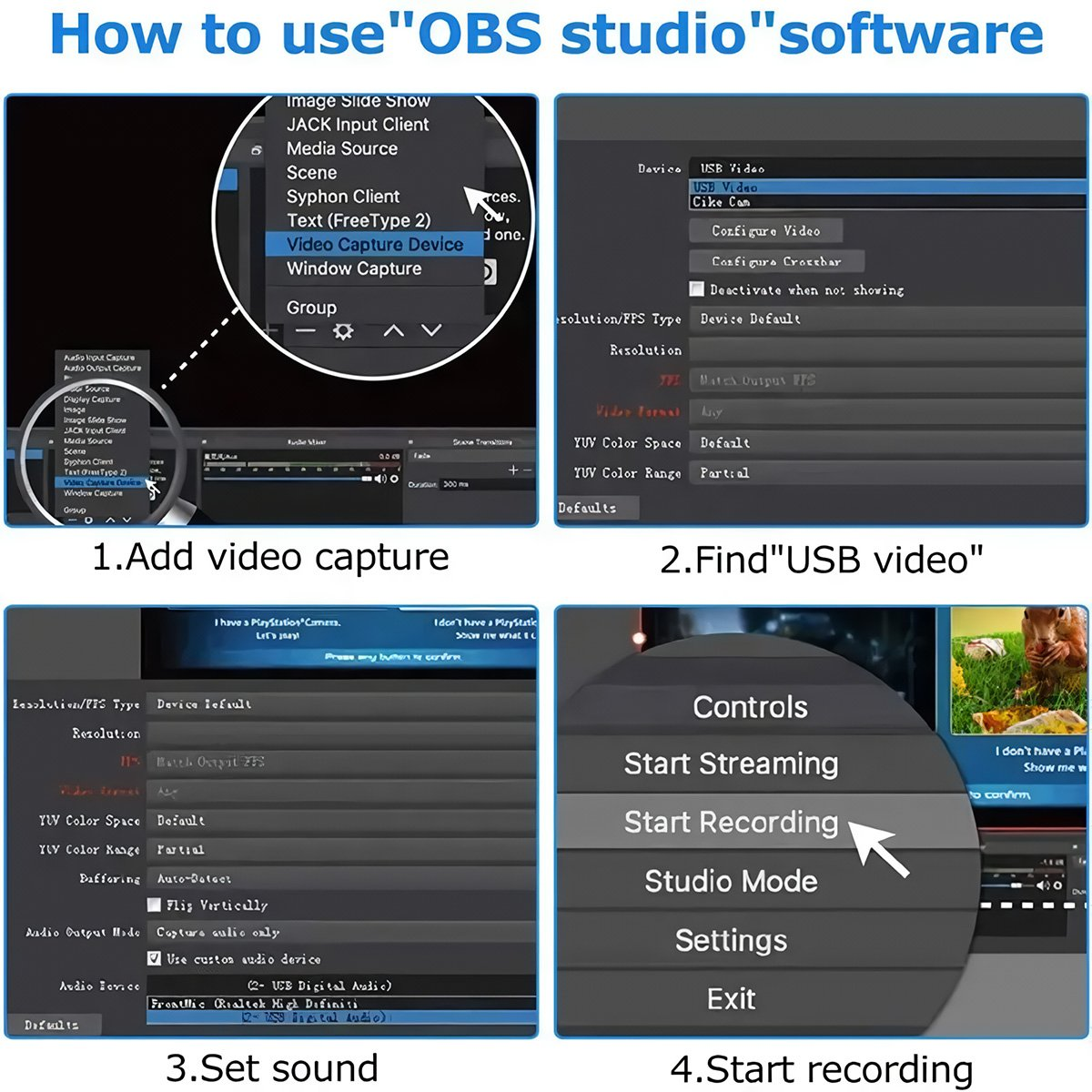 Tutorial sobre el software OBS Studio. Incluye añadir vídeo, encontrar USB, configurar sonido y comenzar a grabar.