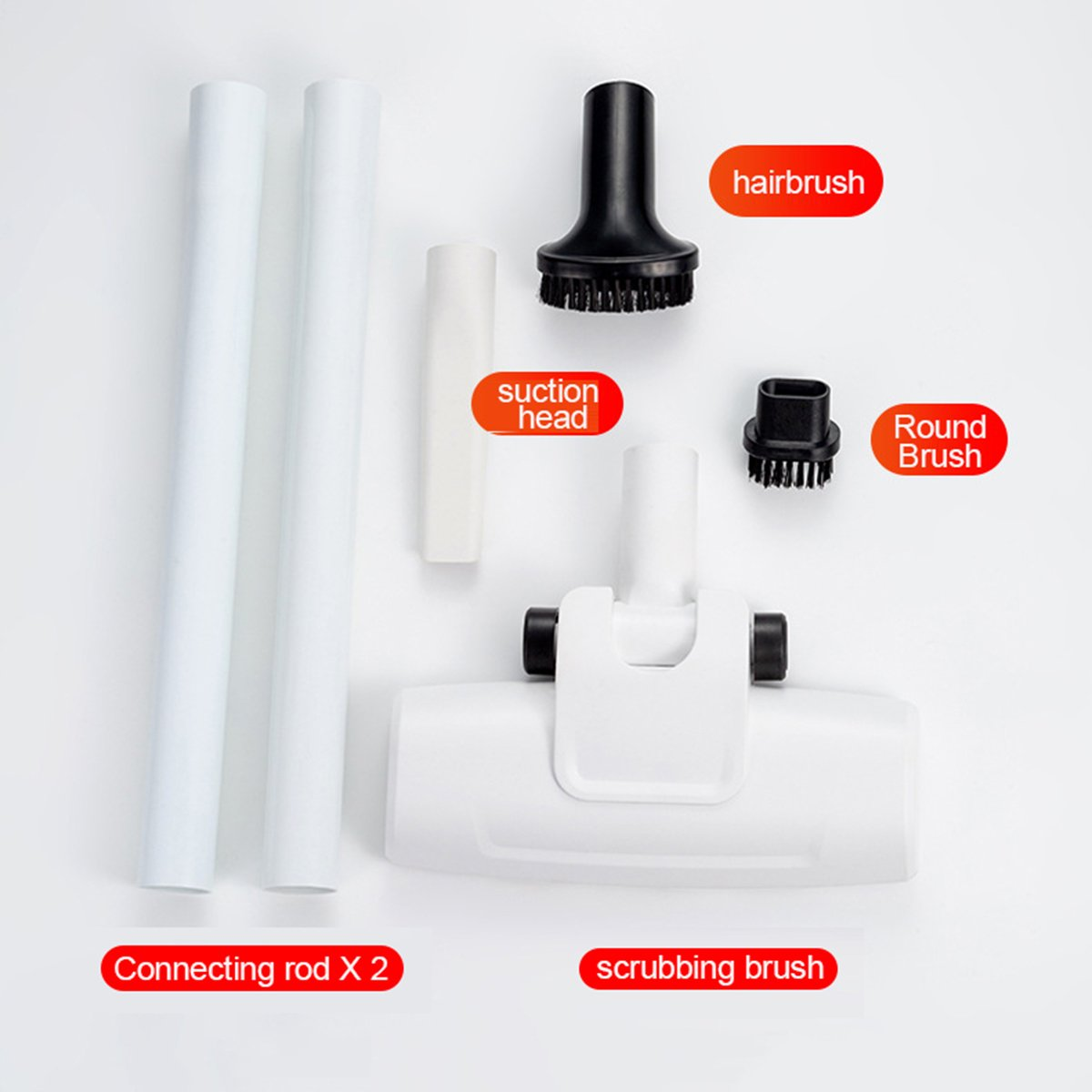 Piezas de aspiradora: dos varillas, un cabezal de succión, cepillo para el cabello, cepillo redondo y cepillo para fregar. Componentes blancos y negros sobre fondo blanco.
