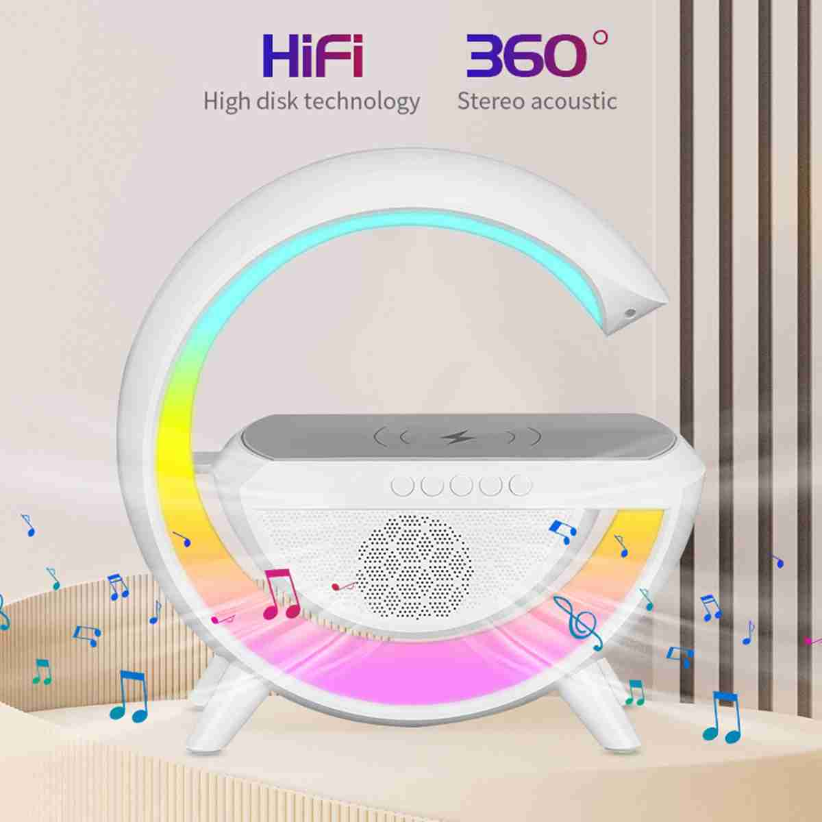 Un altavoz blanco con un arco brillante. Notas musicales lo rodean. El arco tiene gradientes de color de amarillo a azul.