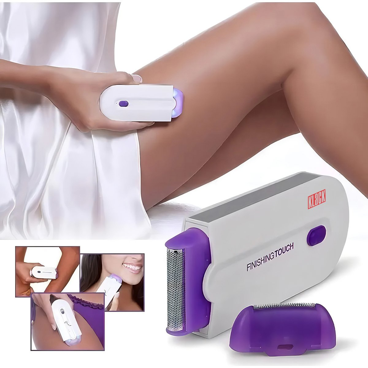 Una mujer usa un dispositivo de depilación blanco y morado en su pierna. El dispositivo está etiquetado como 'Finishing Touch'. Varias imágenes.