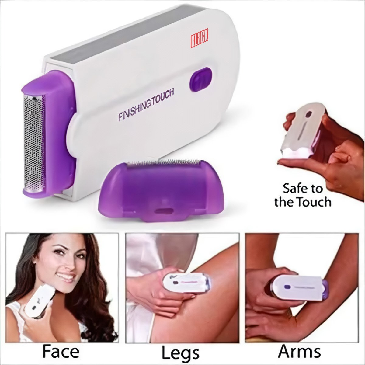 Depiladora eléctrica con colores morado y blanco. Se muestra con uso en cara, piernas y brazos, con el texto "Safe to the Touch".