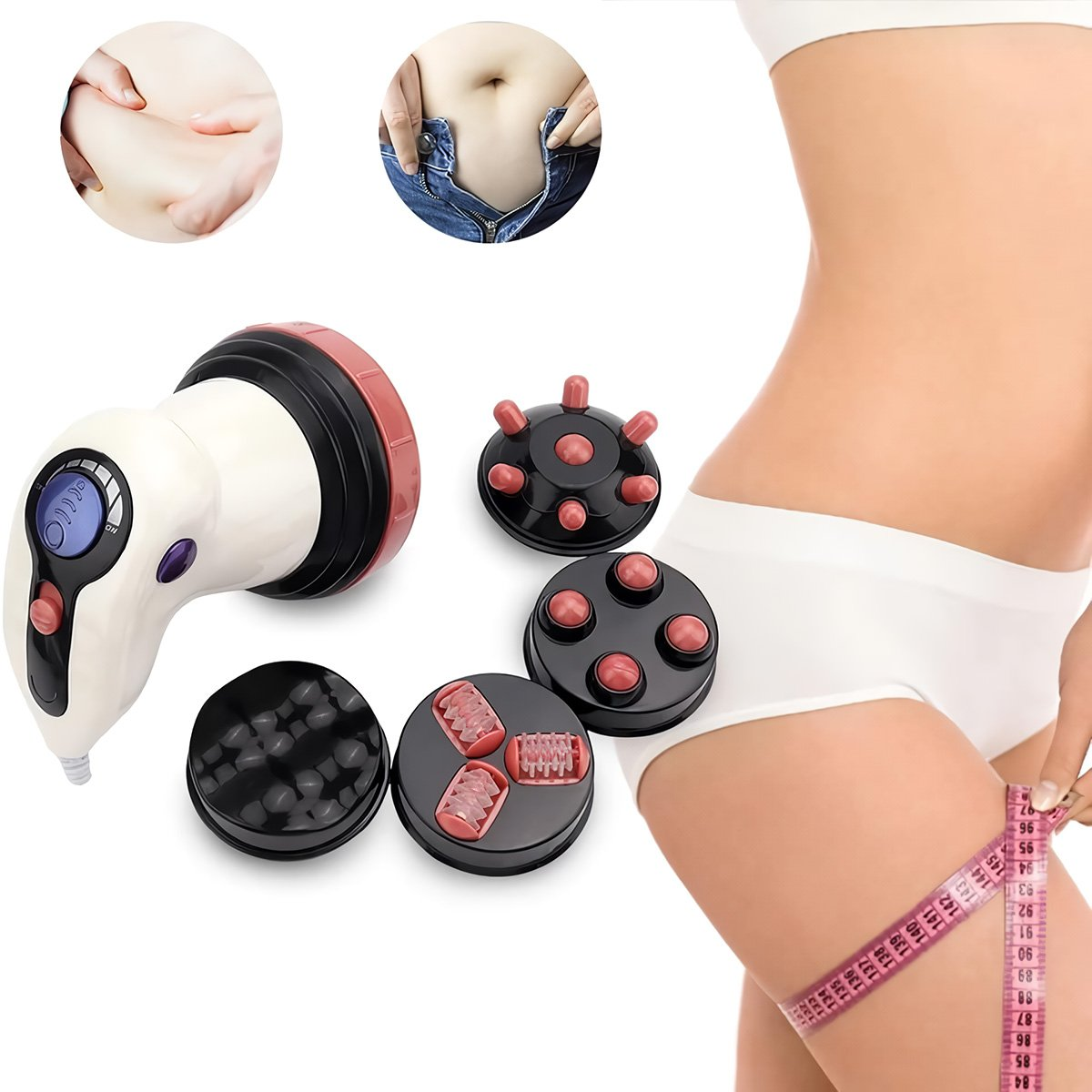 Un dispositivo de masaje blanco y negro con diferentes cabezales, y una mujer midiendo su muslo, con dos primeros planos del cuerpo.
