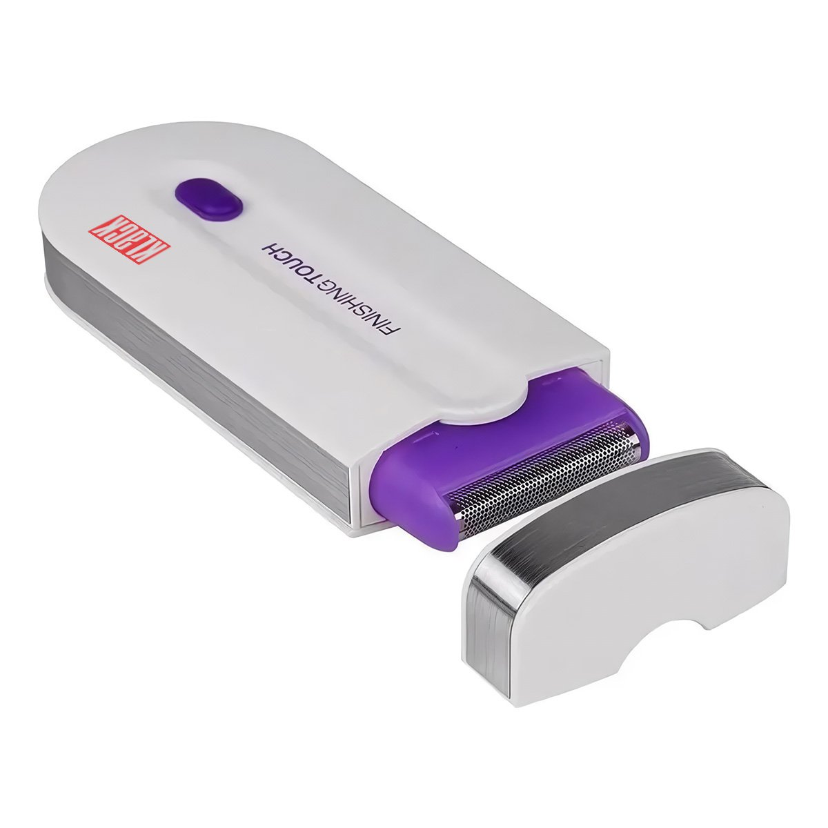 Se muestra un depilador blanco y morado, con la cabeza abierta y la tapa separada. El dispositivo tiene las palabras 'Finishing Touch'.