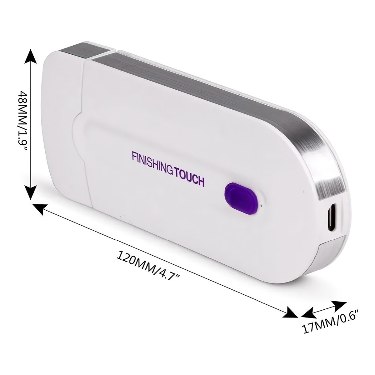 Depiladora blanca y plateada con botón morado, etiquetada 'Finishing Touch'. Dimensiones: 120 mm x 48 mm x 17 mm.