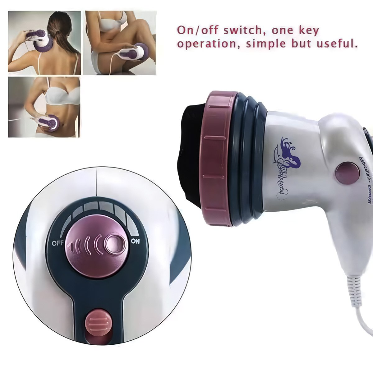 Masajeador eléctrico con diseño rosa y plateado. Incluye primeros planos e imágenes del masajeador en uso.