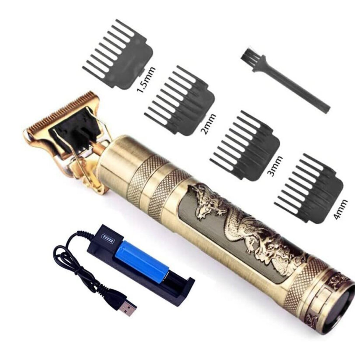 Una cortadora de cabello dorada con accesorios y cargador. Los accesorios indican diferentes longitudes de corte. También se incluye un cepillo de limpieza.