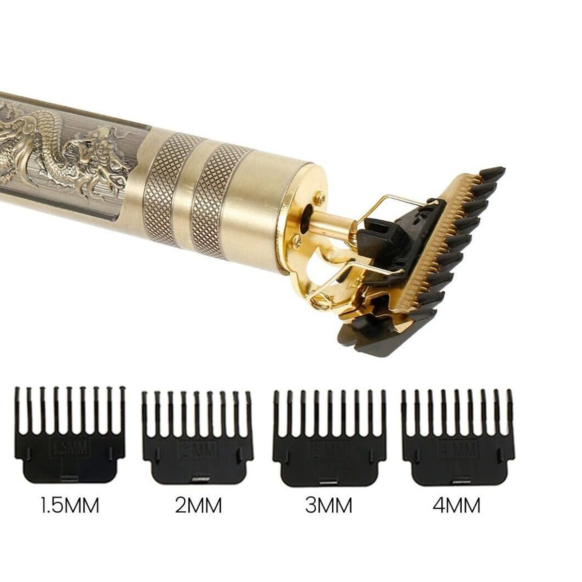 Una recortadora de pelo dorada con diseño de dragón y cuatro peines negros con las etiquetas 1,5 mm, 2 mm, 3 mm y 4 mm.