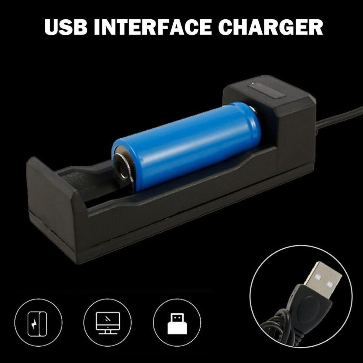 Cargador USB negro con una batería azul en el interior. Texto del cargador de interfaz USB en la parte superior, con icono de enchufe USB.