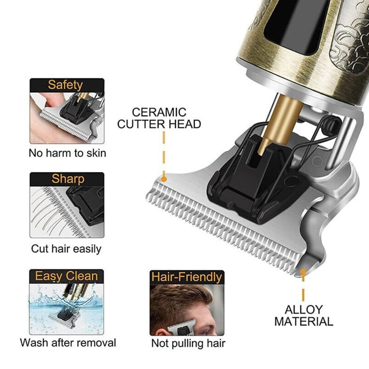 Primer plano de una cortadora de cabello. Tiene un cabezal de corte cerámico y material de aleación. La imagen muestra seguridad, afilado, fácil limpieza y características amigables con el cabello.