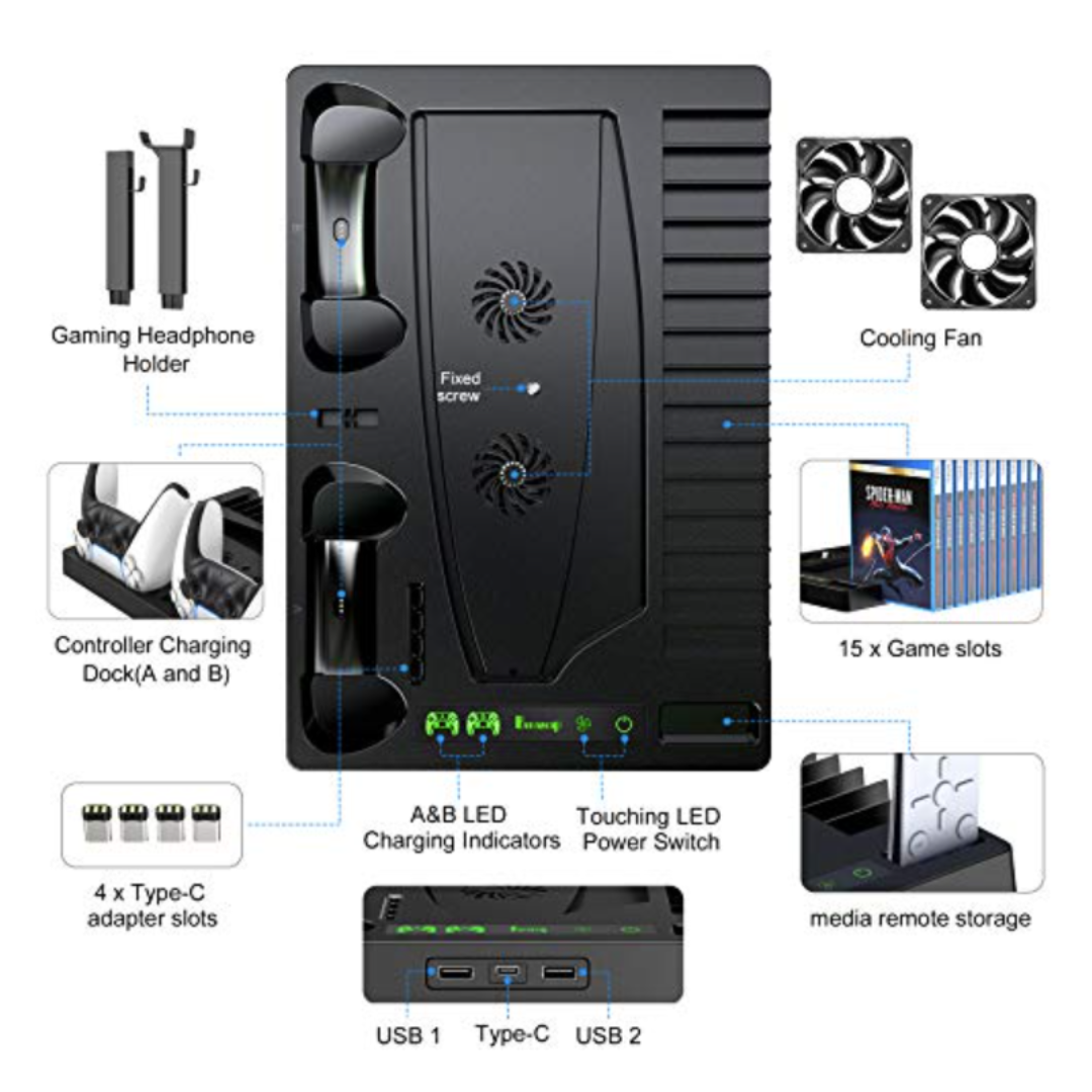 Accesorio negro para consola de juegos con soporte para auriculares, base de carga para mandos, ventiladores, ranuras para juegos y puertos USB.