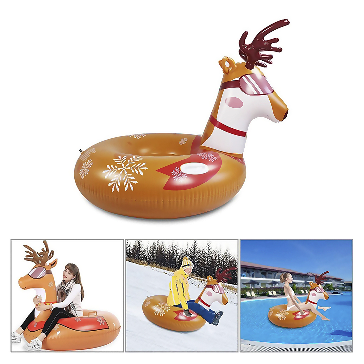 Un flotador inflable con forma de reno. Tiene cuernos marrones y es naranja con detalles de copos de nieve blancos. La gente lo usa.
