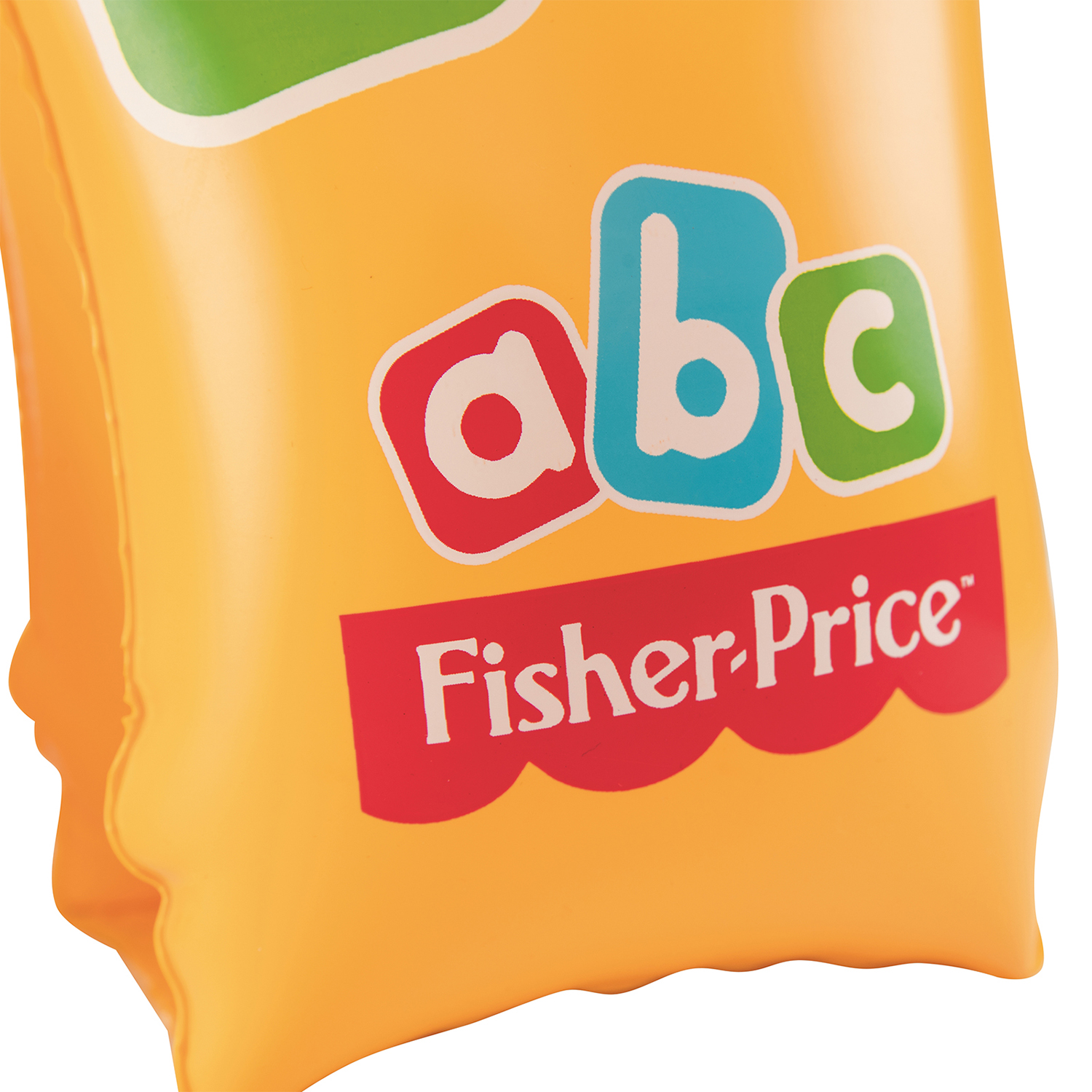 Un flotador de brazo naranja de Fisher-Price con las letras 'abc' en azul y verde. El fondo es blanco.