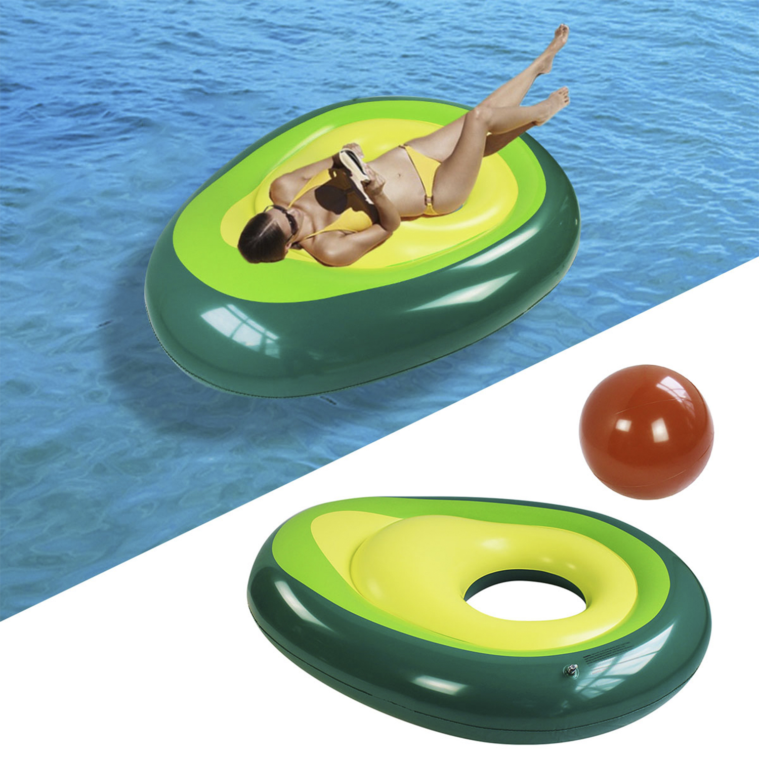 Una mujer se relaja en un inflable con forma de aguacate en el agua. También hay una pelota naranja y otro aguacate.