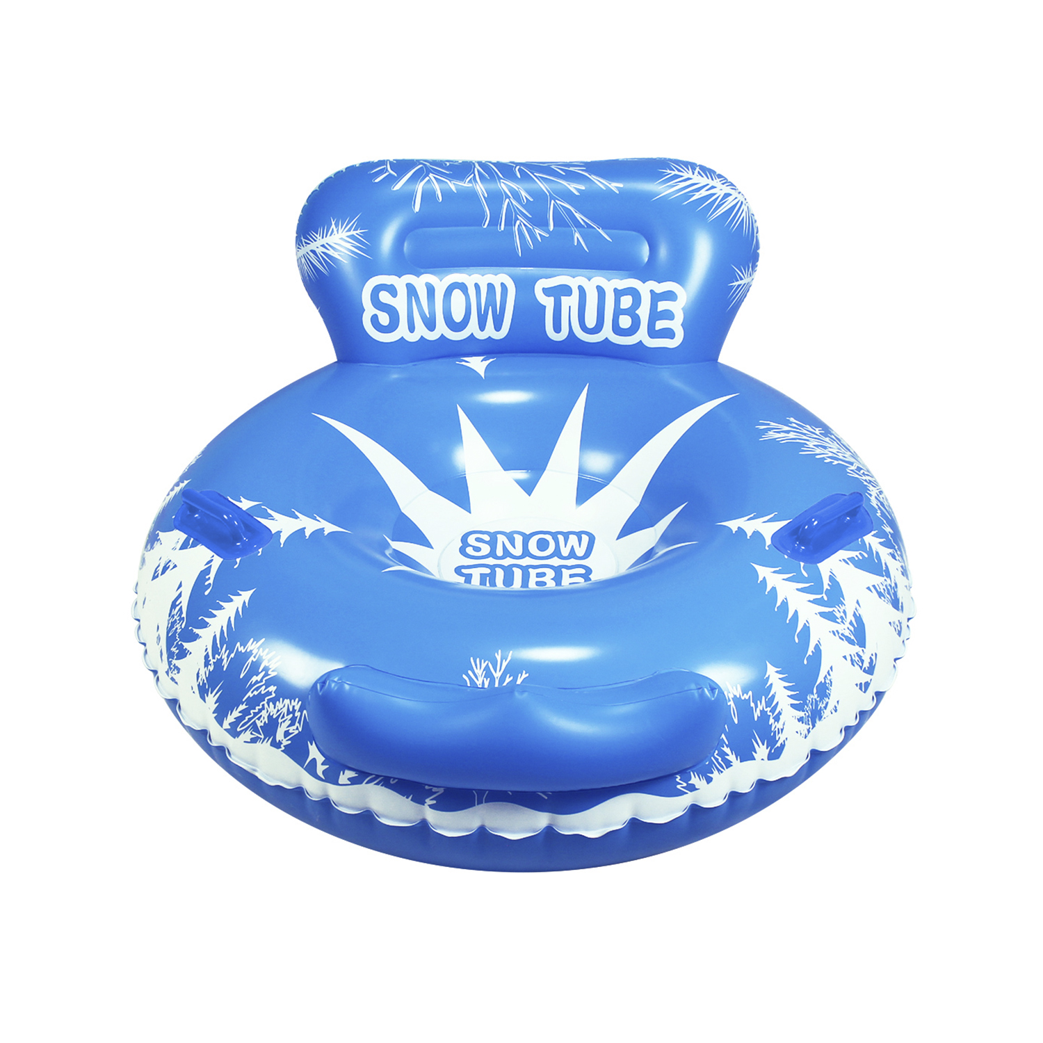 Un flotador de nieve azul con gráficos blancos y las palabras "SNOW TUBE". Tiene asas y es circular.