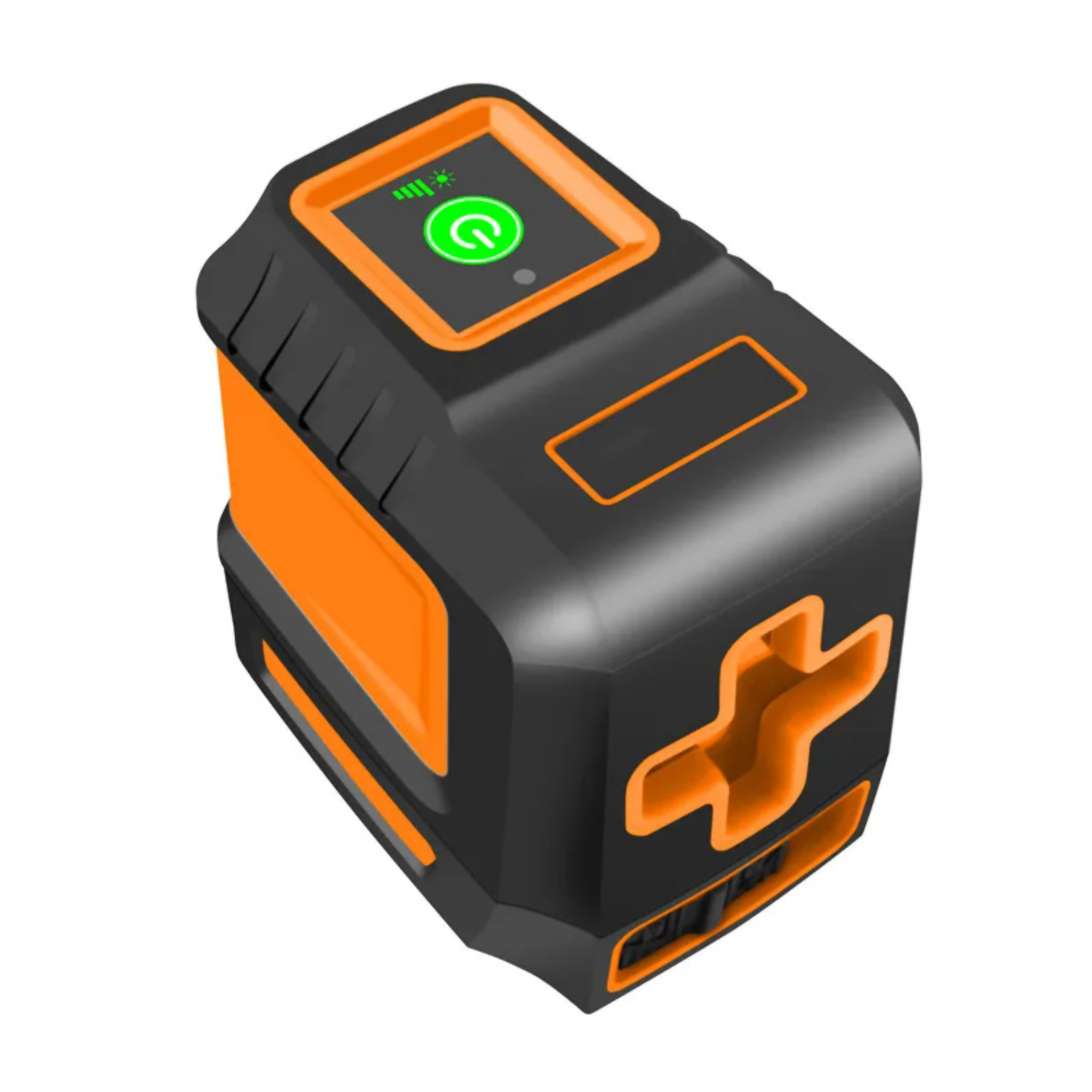 Nivel láser negro y naranja con botón de encendido verde. Presenta un diseño en forma de cruz e indicador de batería.