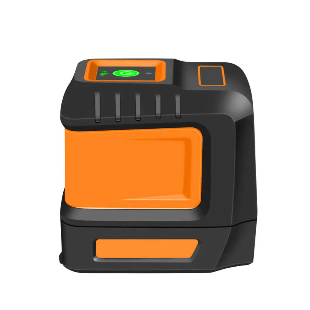 Una herramienta de nivelación negra y naranja. Tiene una pantalla con una luz verde y varios botones. La herramienta está sobre un fondo blanco.