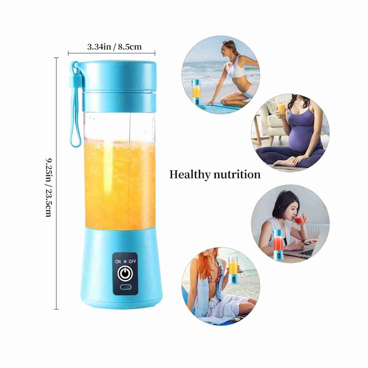 Una licuadora azul con jugo de naranja, cuatro imágenes circulares de personas bebiendo jugo, texto 'Nutrición saludable'.