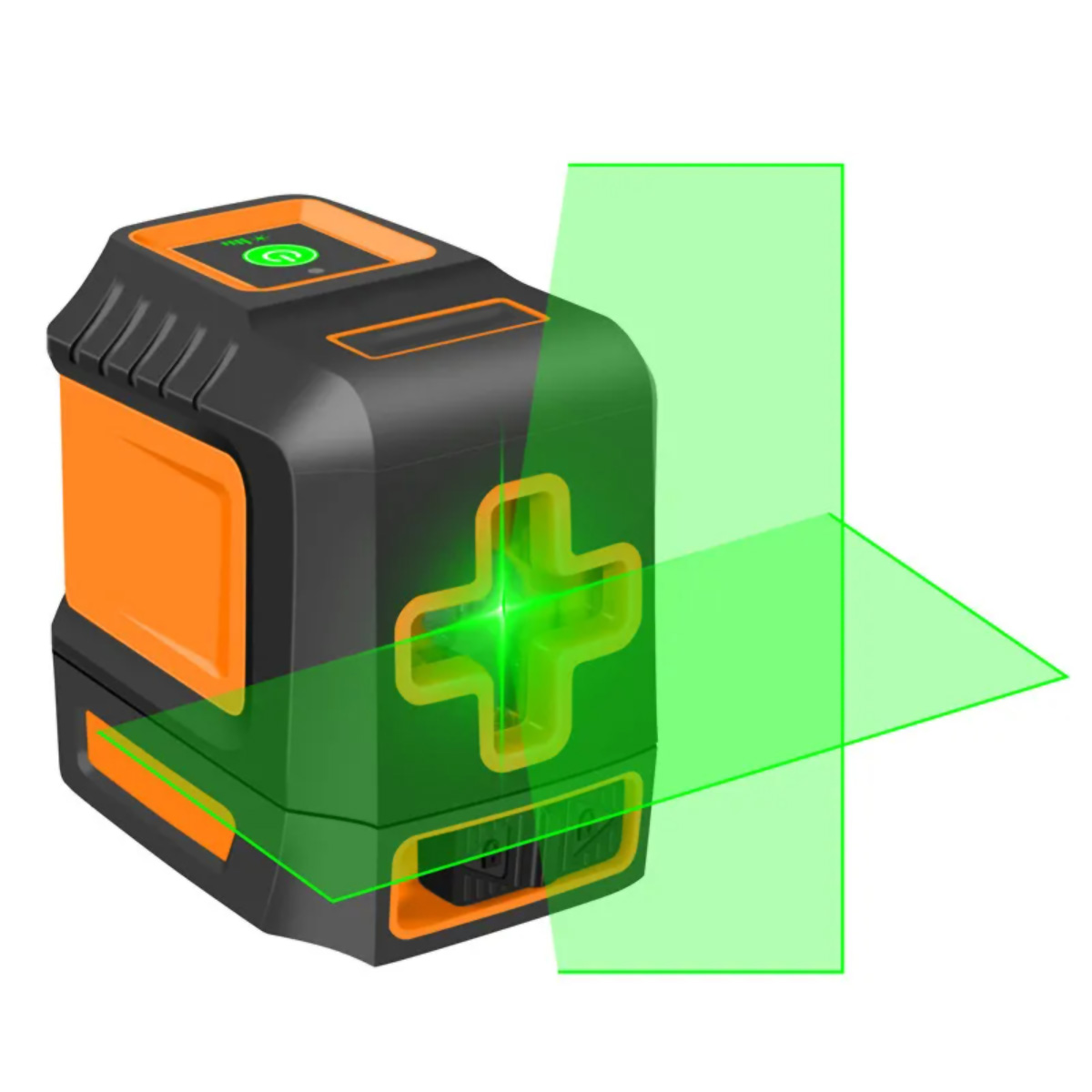 Un nivel láser negro y naranja emite líneas láser verdes formando una cruz y un plano. Tiene un botón de encendido verde.
