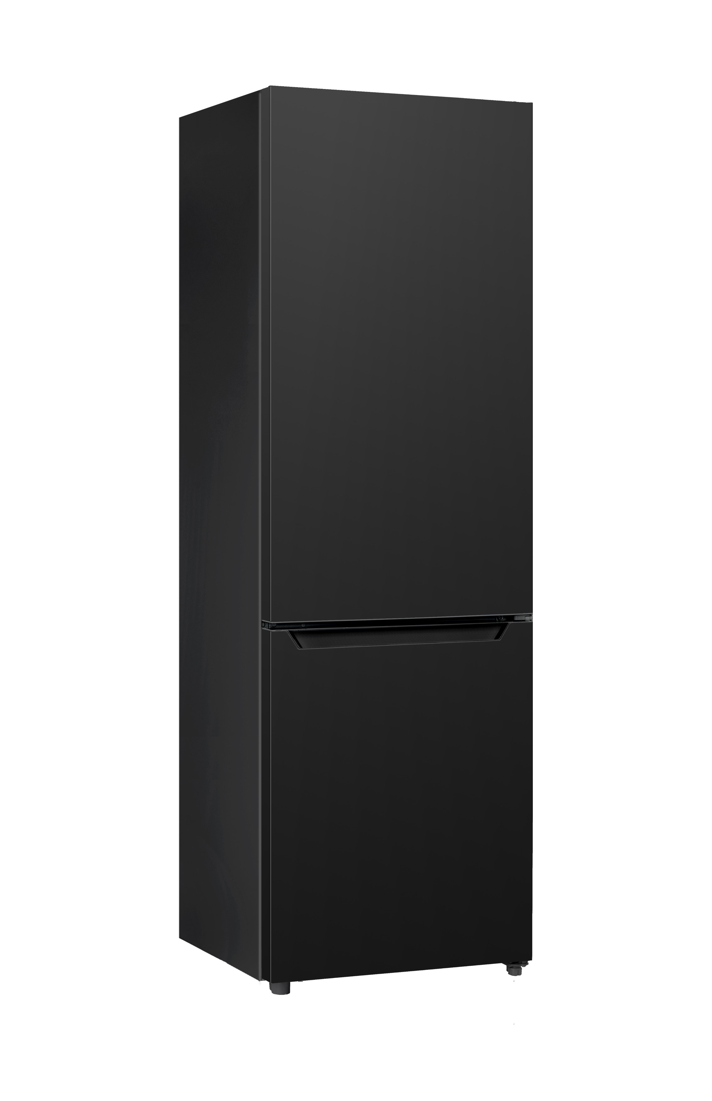 Ein hoher, schwarzer Kühlschrank steht vor einem weißen Hintergrund. Er hat zwei Türen und einen Griff an der unteren Tür.