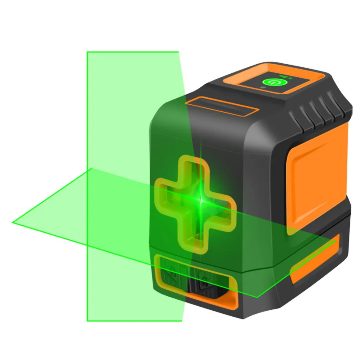 Un nivel láser negro y naranja emite una cruz y un plano verdes brillantes. El dispositivo tiene un botón de encendido verde.