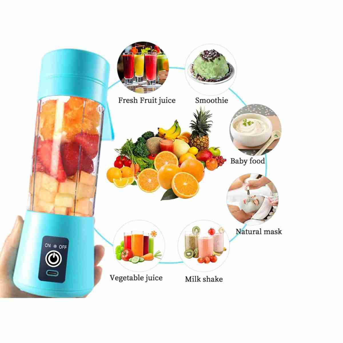Una licuadora azul con frutas, rodeada de jugo fresco, batidos, comida para bebés, mascarilla natural, jugo de verduras y batidos.