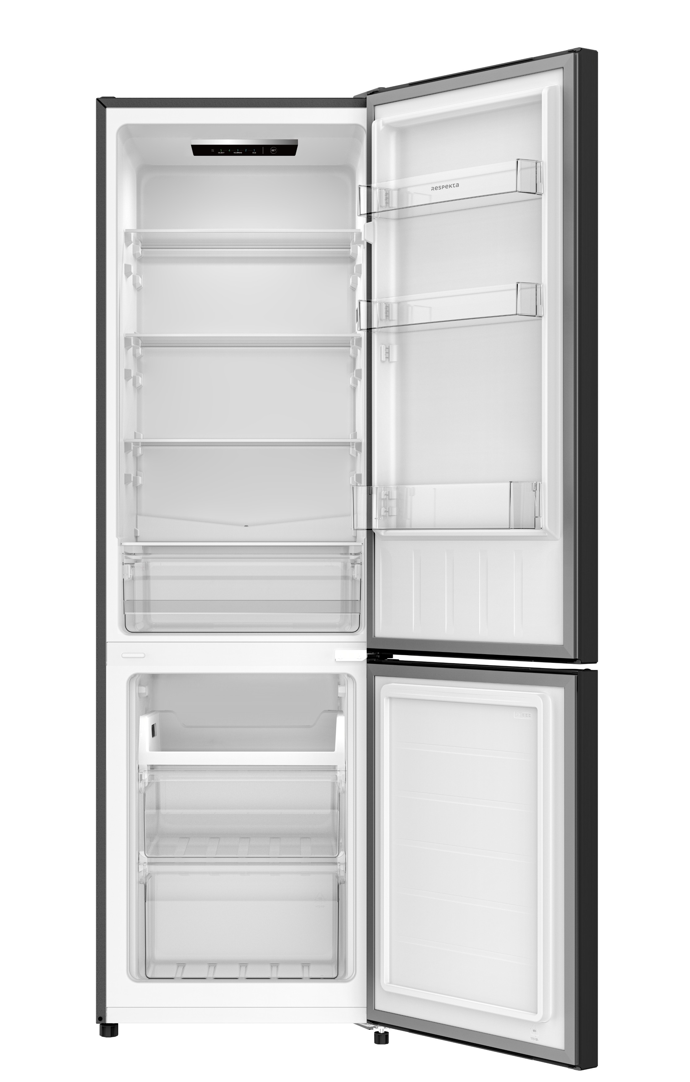 Ein offener, leerer Kühlschrank. Die Tür rechts ist offen und gibt Regale frei. Die Gefriertür ist ebenfalls offen.